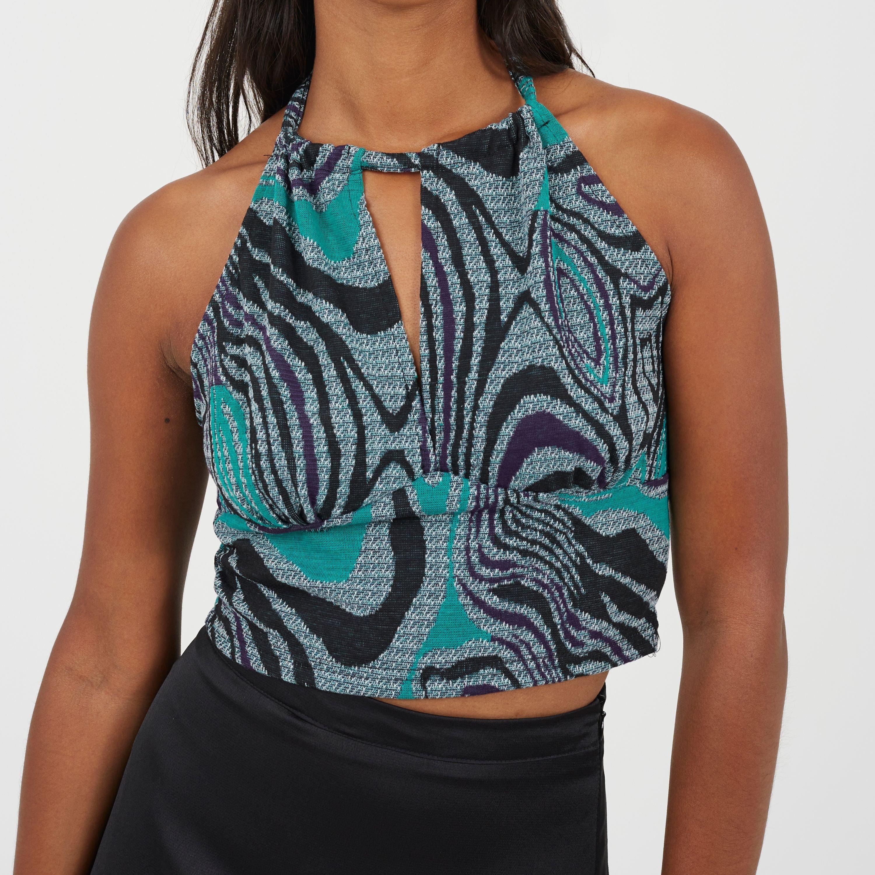Black/Green - Brave Soul - Womens Halter Neck Jacquard top - 3