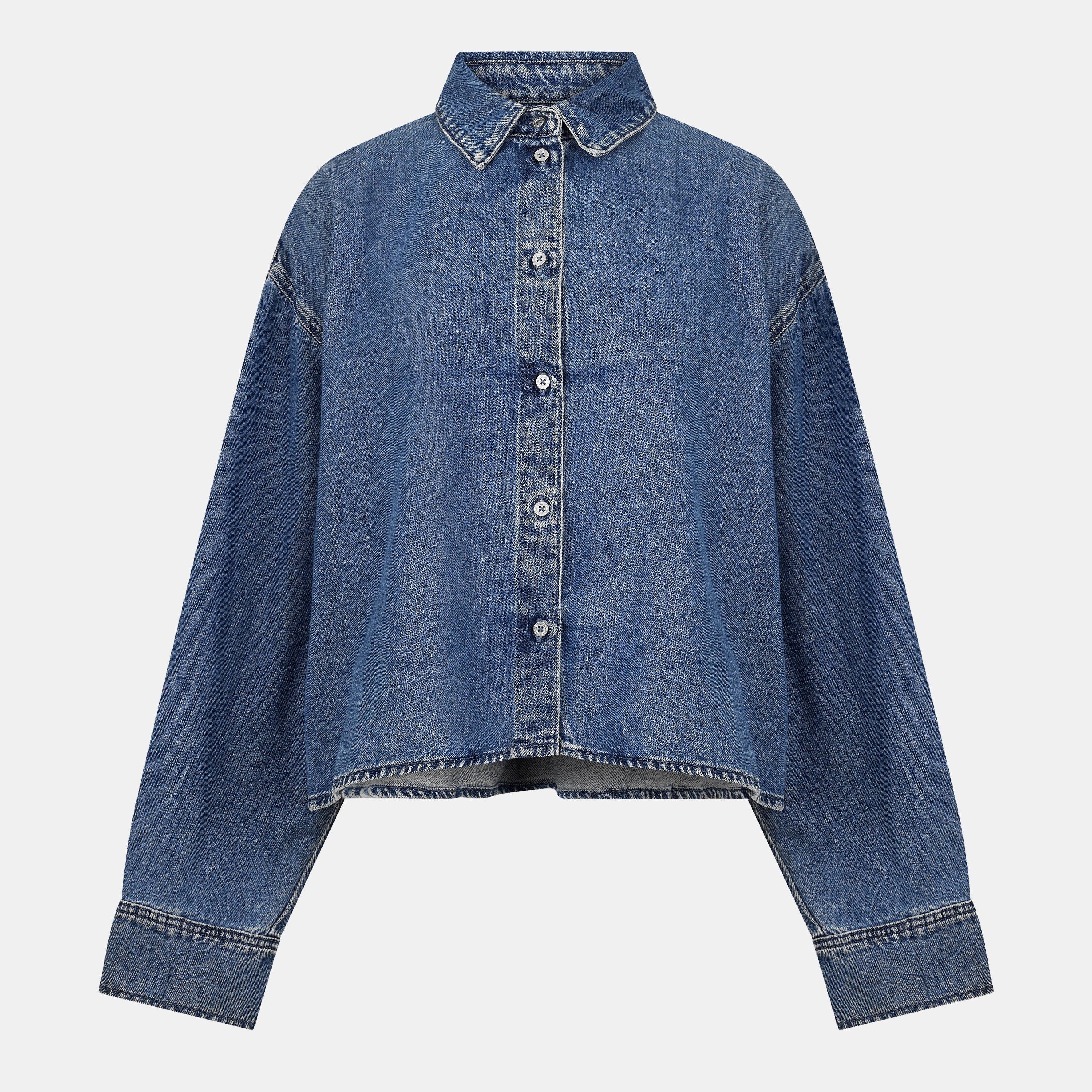 Mid Blue - 7 For All Mankind - Women's Nina Long-Sleeve Denim Shirt - 1