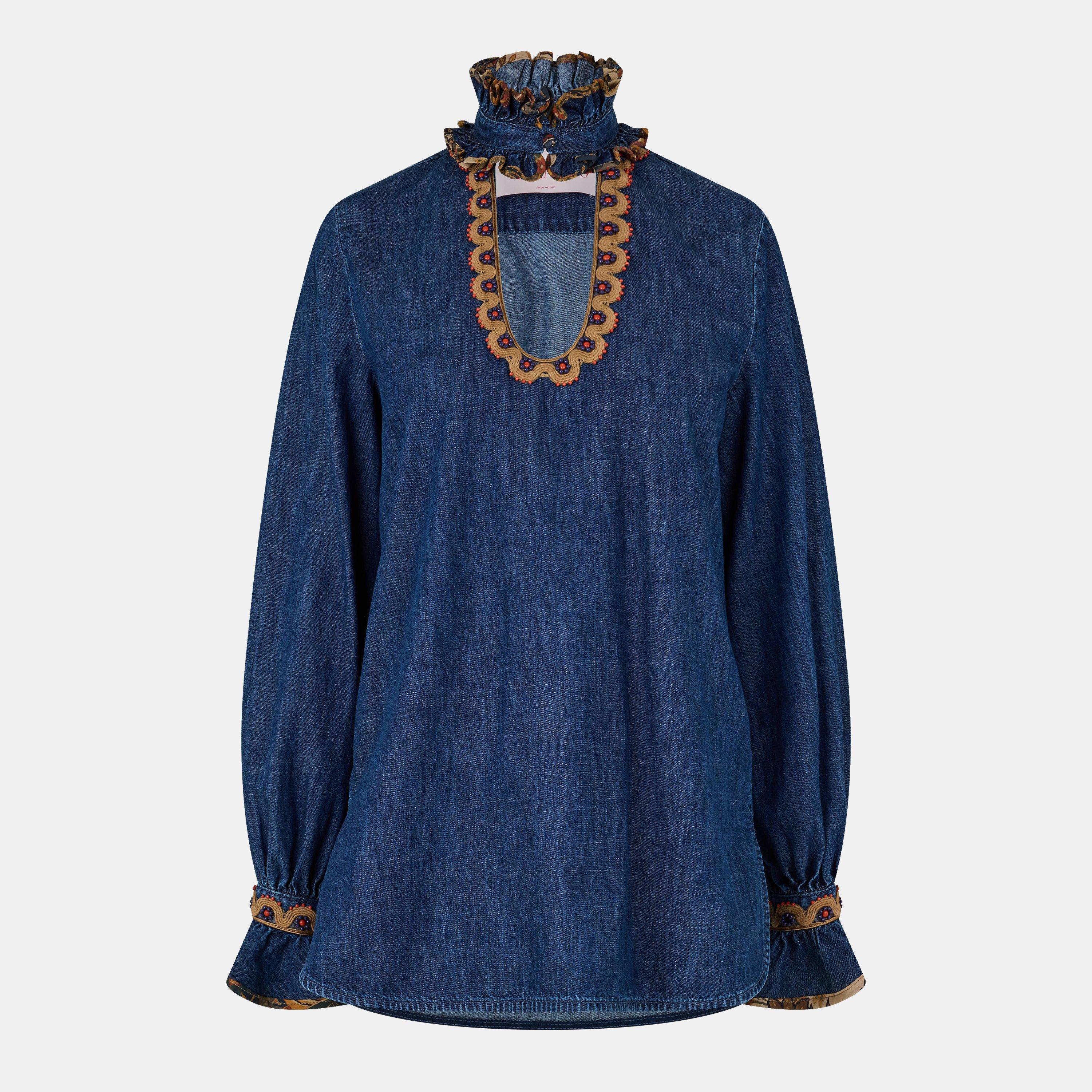 Denim Blue - Valentino - Embroidered Chambray Denim Top - 1