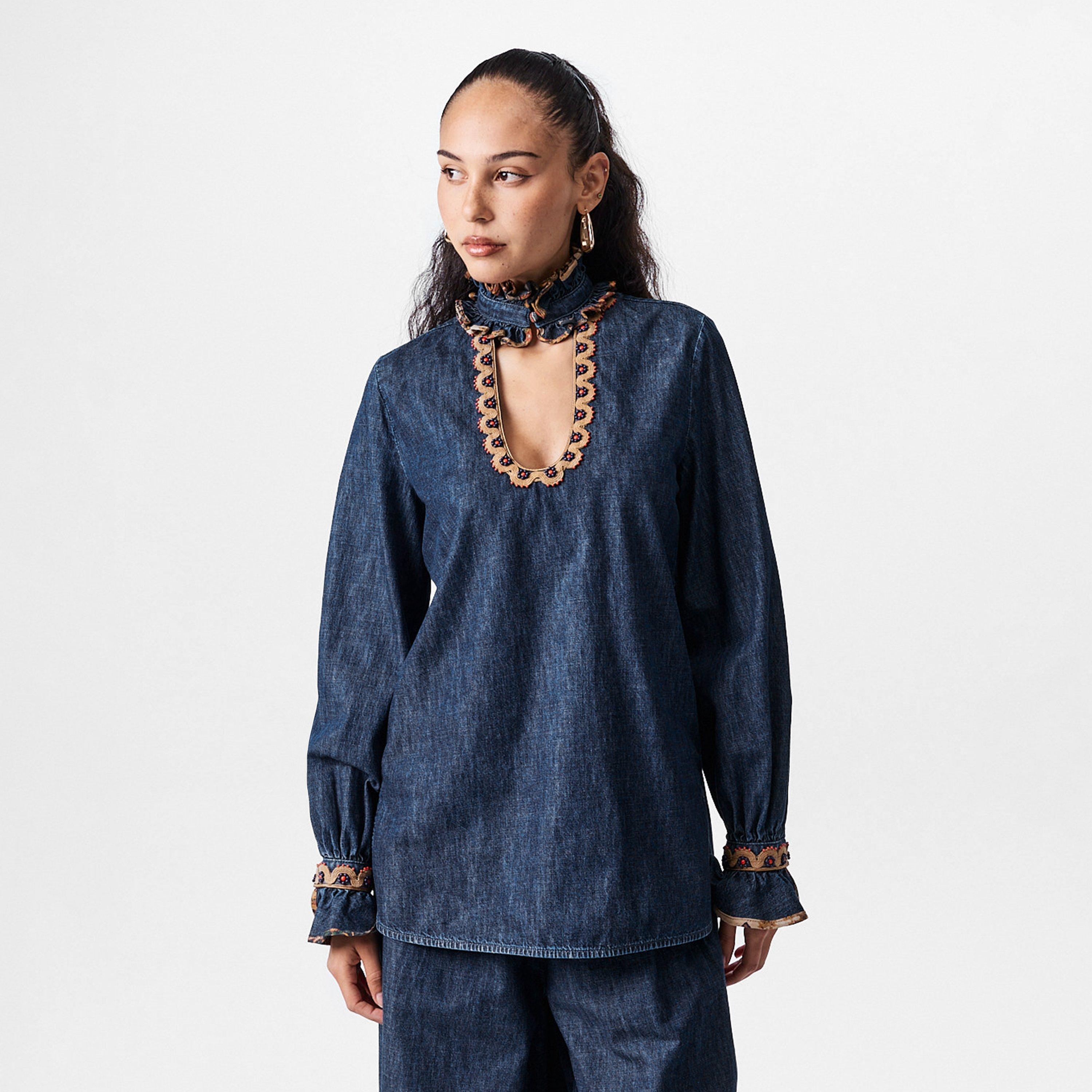 Denim Blue - Valentino - Embroidered Chambray Denim Top - 3