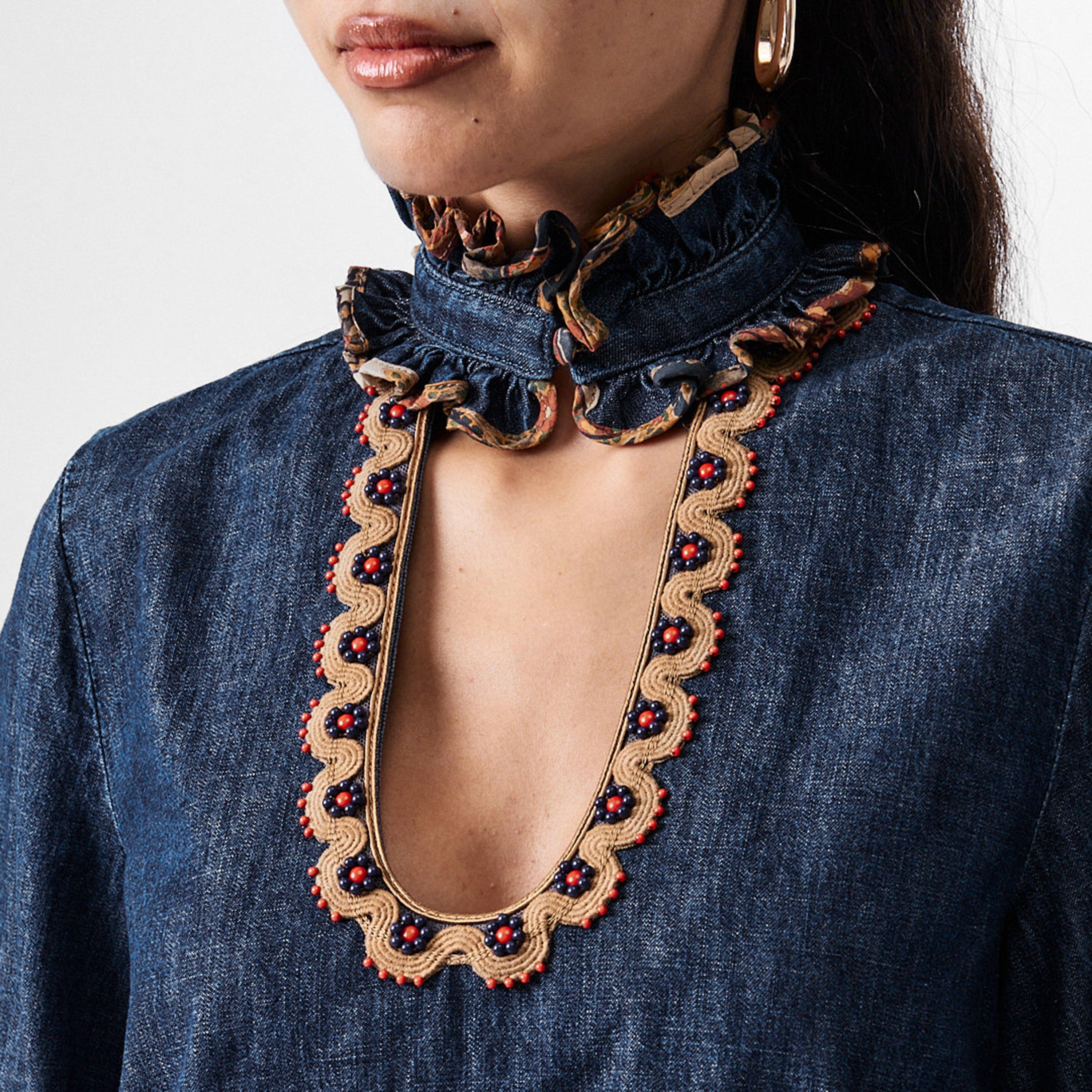 Denim Blue - Valentino - Embroidered Chambray Denim Top - 5