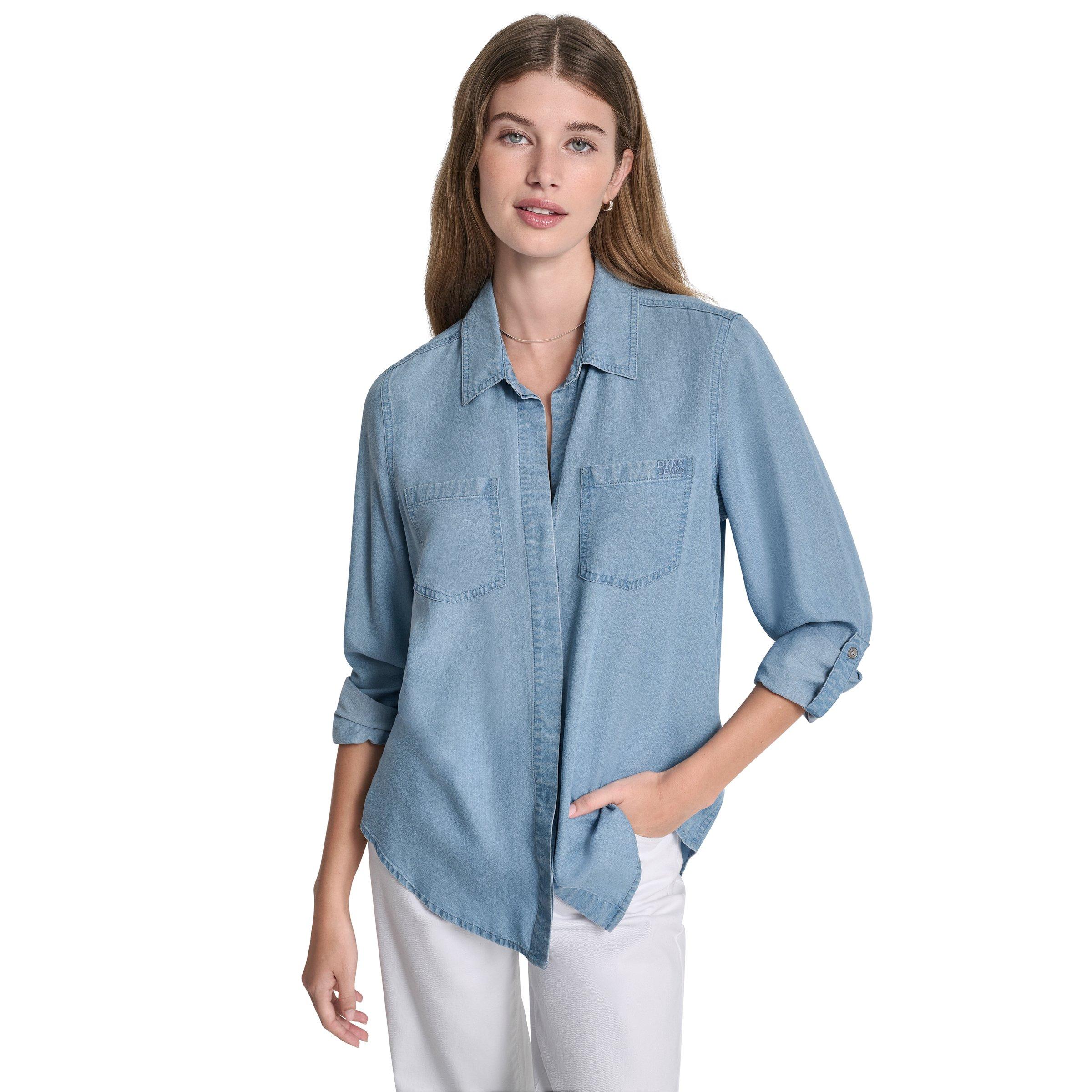 Chambray - DKNY - DKNY Jeans Split Back Button Front Tencel Shirt W/ Roll Tab Sleeve - 1