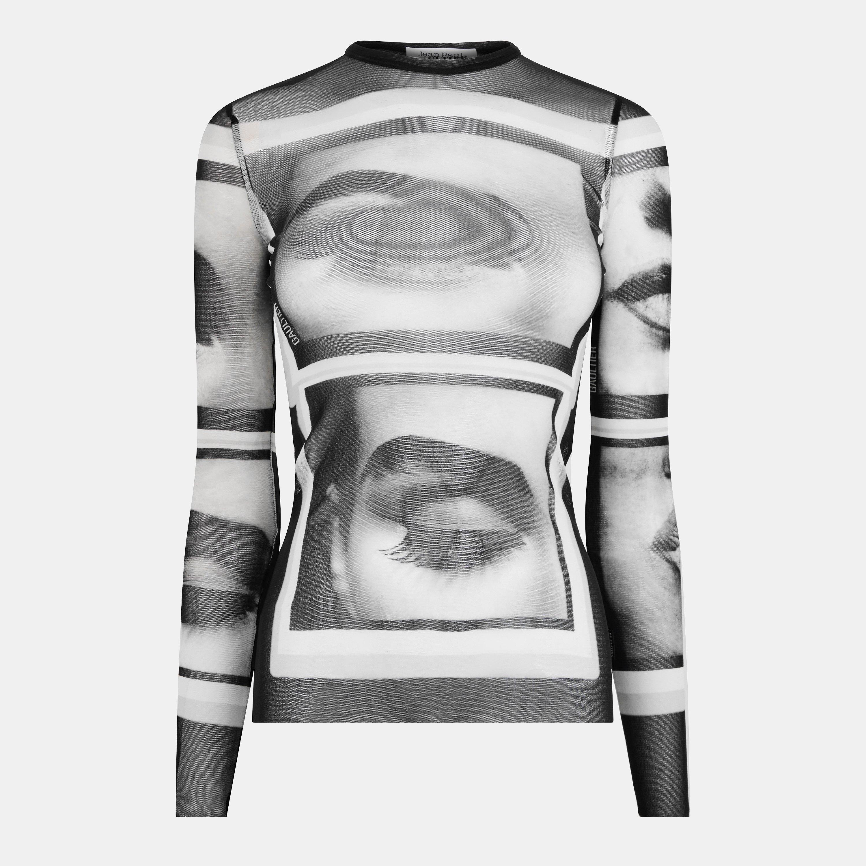 Black/Grey/Wht - Jean Paul Gaultier - Women's Eyes Lips Top Long Sleeve T-Shirt - 1