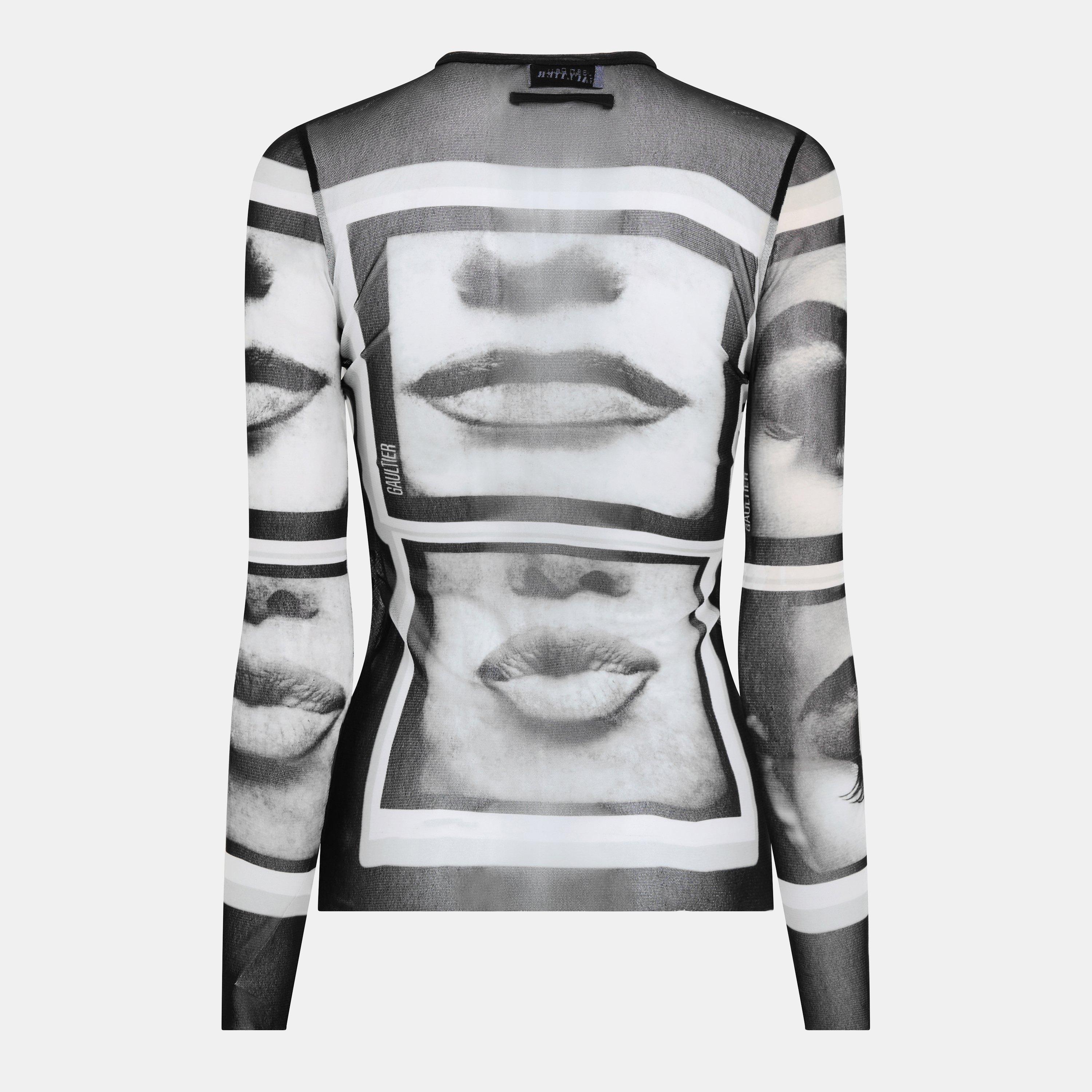 Black/Grey/Wht - Jean Paul Gaultier - Women's Eyes Lips Top Long Sleeve T-Shirt - 2