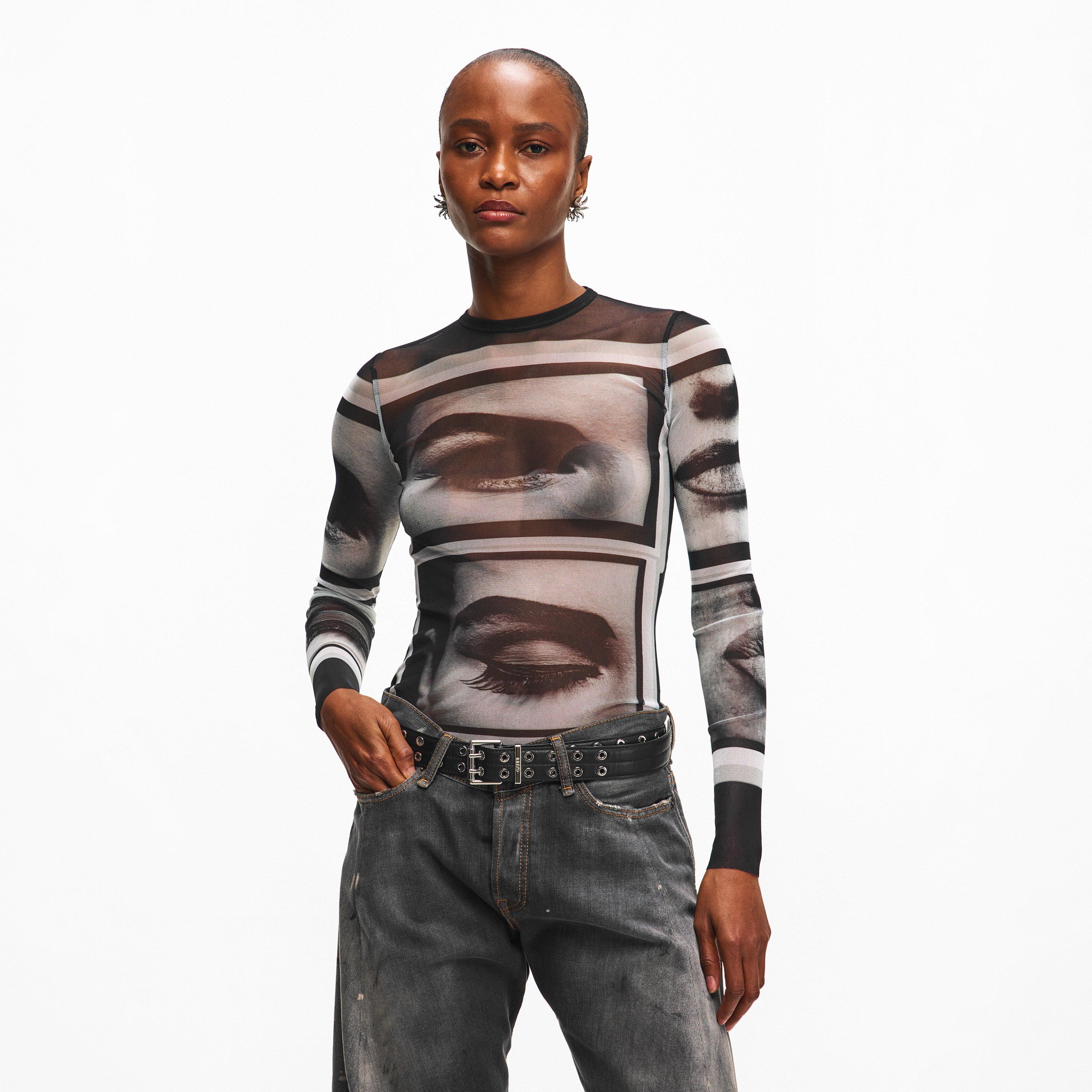 Black/Grey/Wht - Jean Paul Gaultier - Women's Eyes Lips Top Long Sleeve T-Shirt - 3