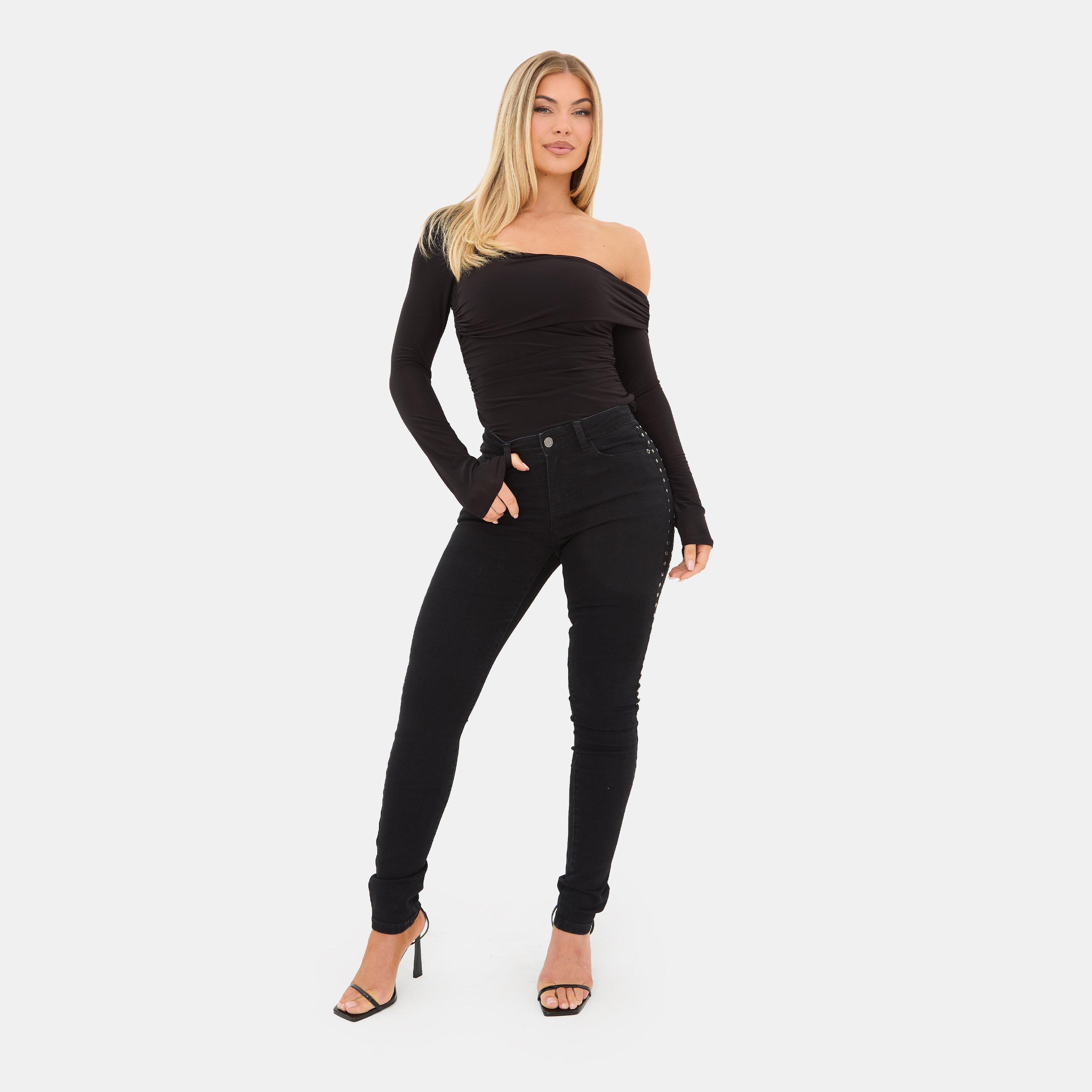 Black - I Saw It First - Women's Side Studded High Waisted Cotton Skinny Jeans - 1