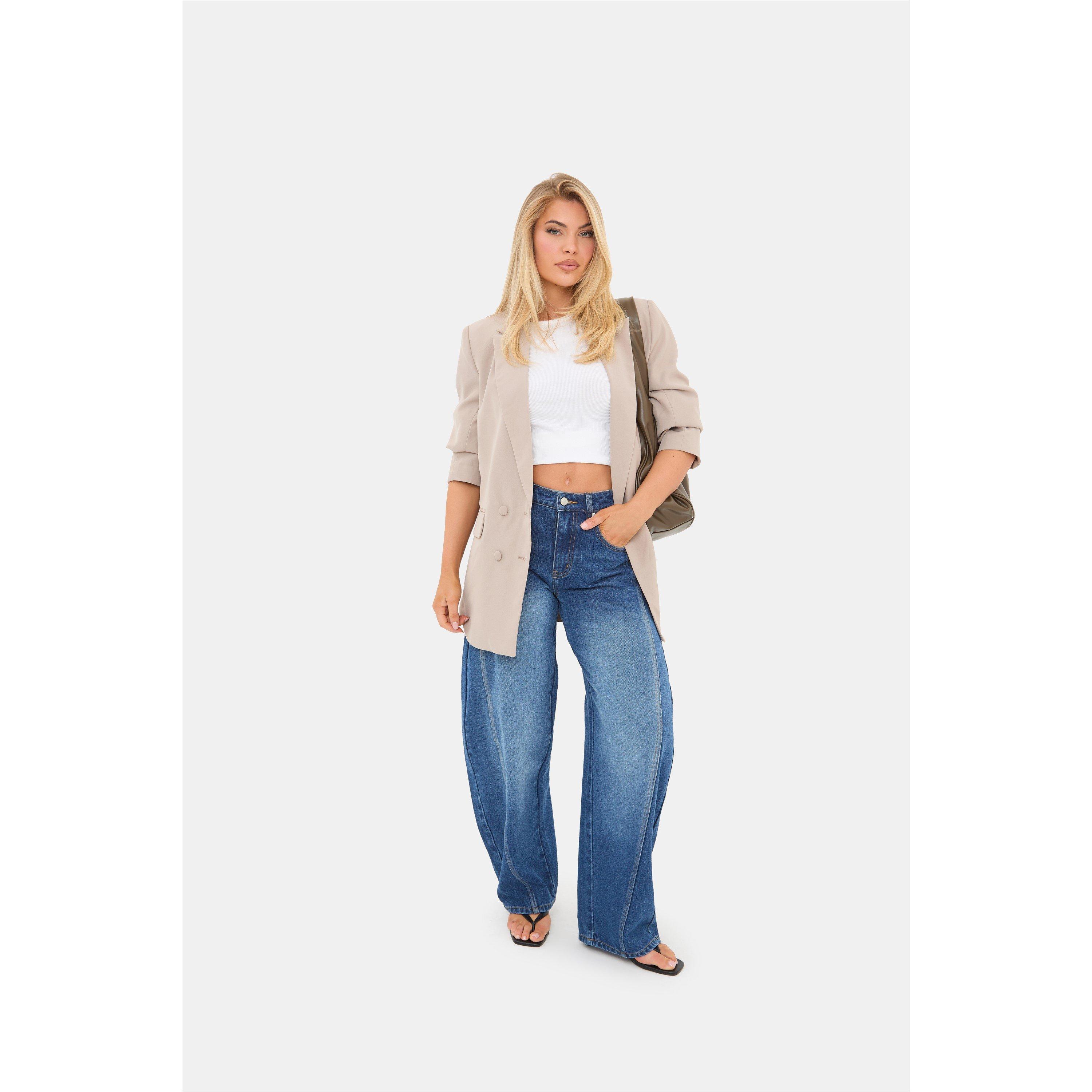 Mid Blue Wash - I Saw It First - Women's Barrel Jean High Waisted Full Length Cotton Jeans - 1