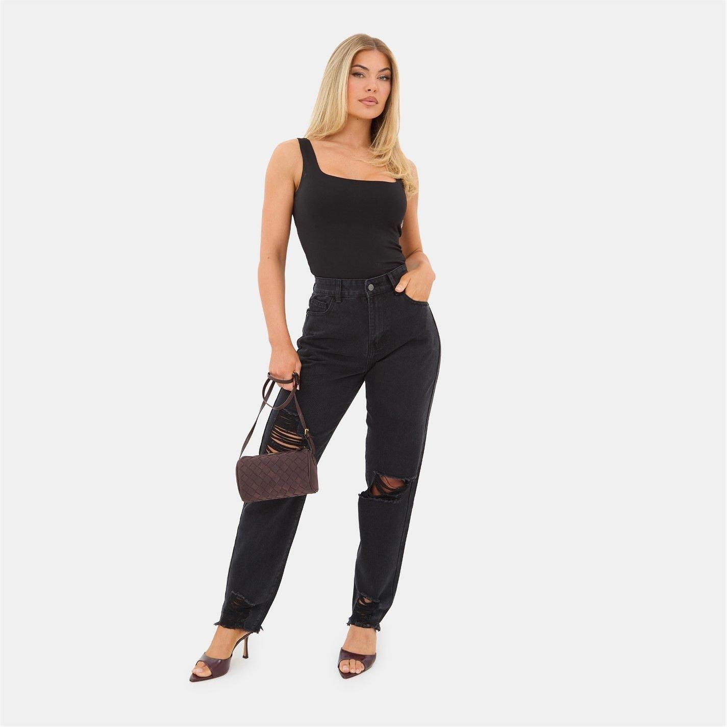 Womens High Waisted Distressed Cotton Straight Leg Jeans