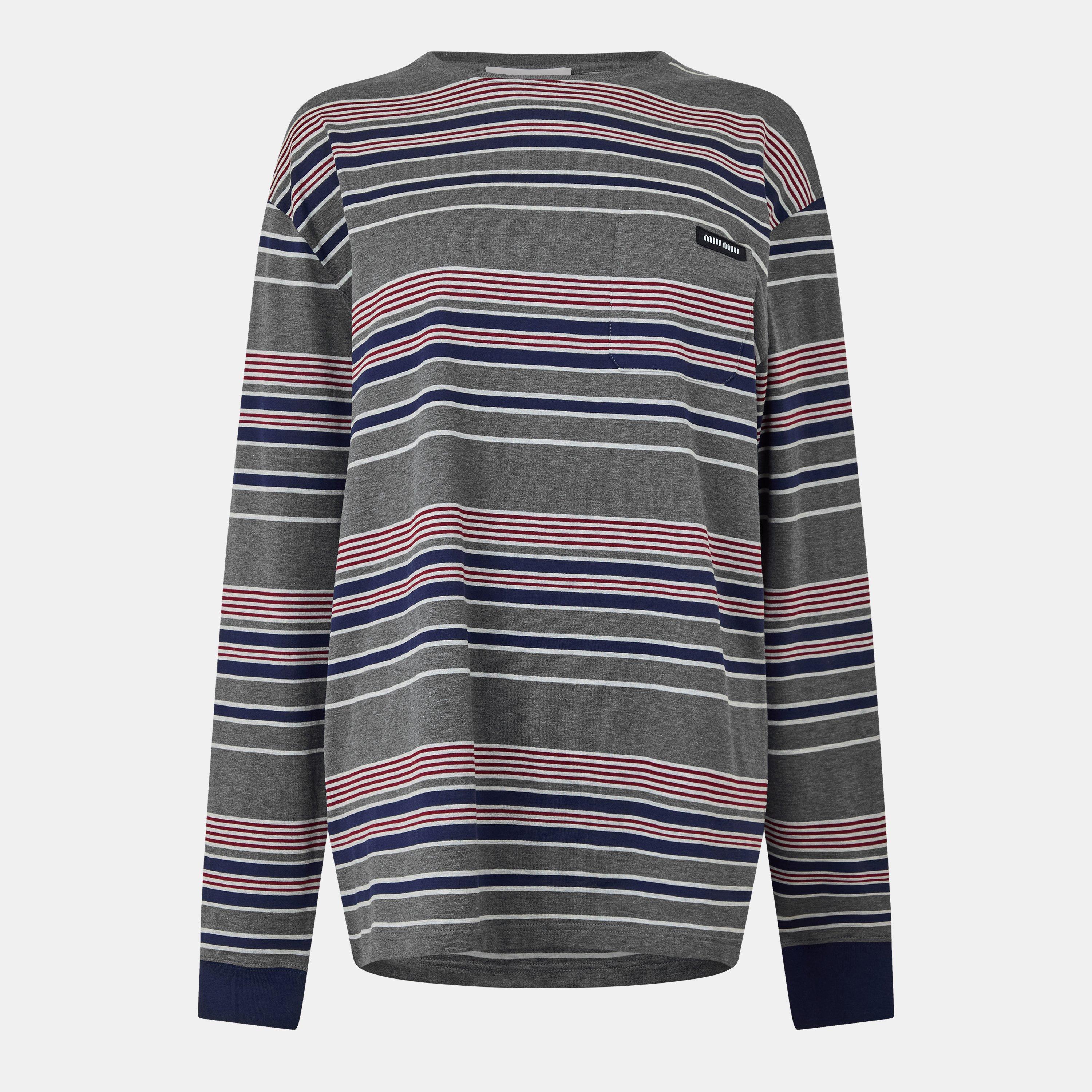 Ardesia Bleu - Miu Miu - Women's Stripe Jersey Long Sleeve T-Shirt - 1