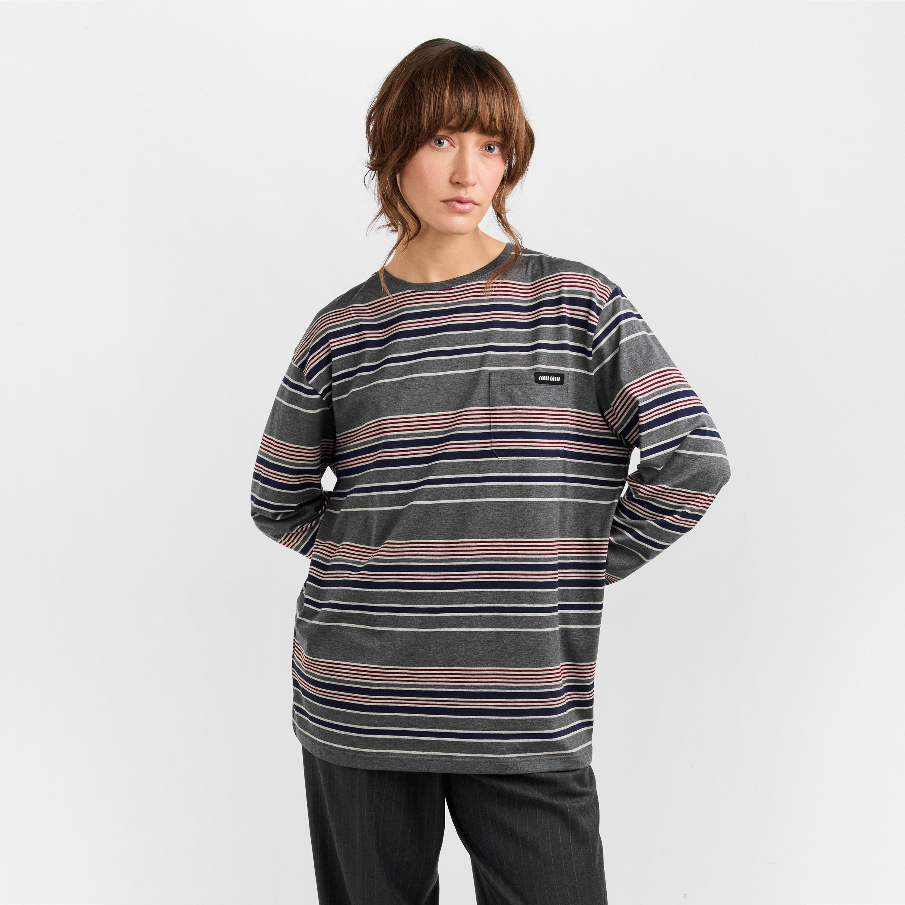Ardesia Bleu - Miu Miu - Women's Stripe Jersey Long Sleeve T-Shirt - 3