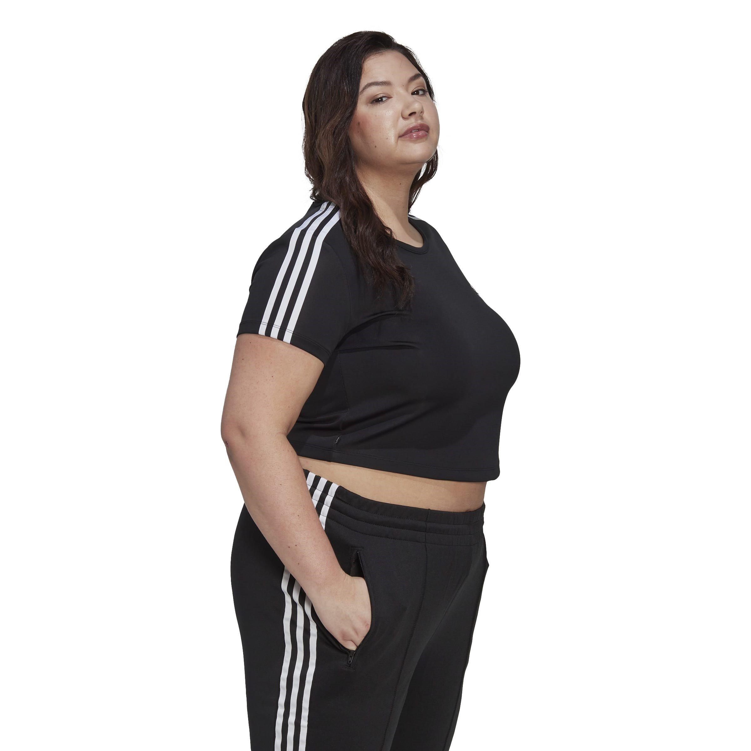 Preto - adidas Originals - Adidas Adicolor Classics Plus Size Crop 3-Stripes T-Shirt Womens - 4