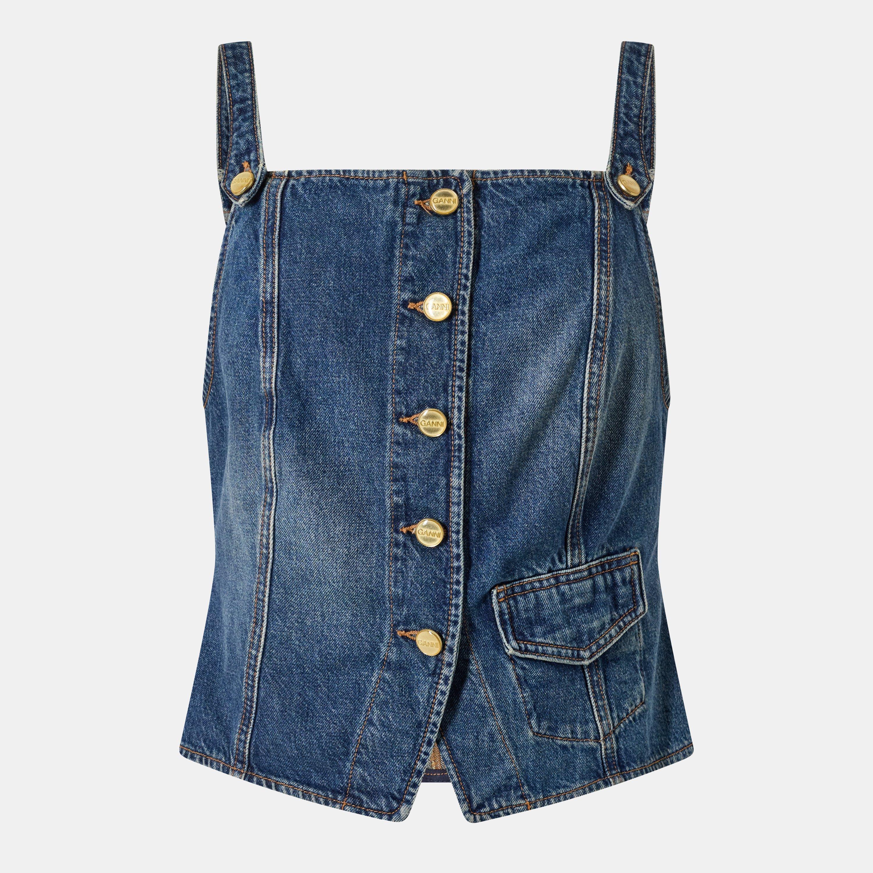 Mid Blue Vntge - Ganni - Women's Washed Denim Woven Cami Vest - 1
