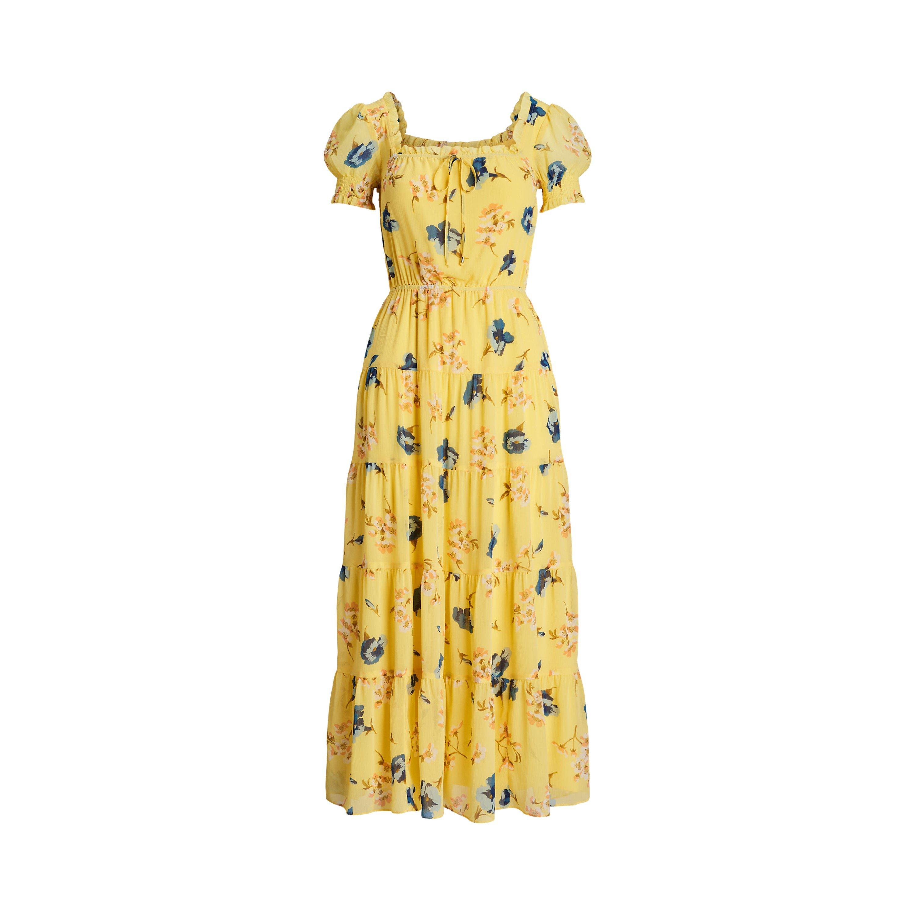 Lauren By Ralph Lauren Women's Yellow  Floral Georgette Puff-Sleeve Midi Dress - 8 (XS)
