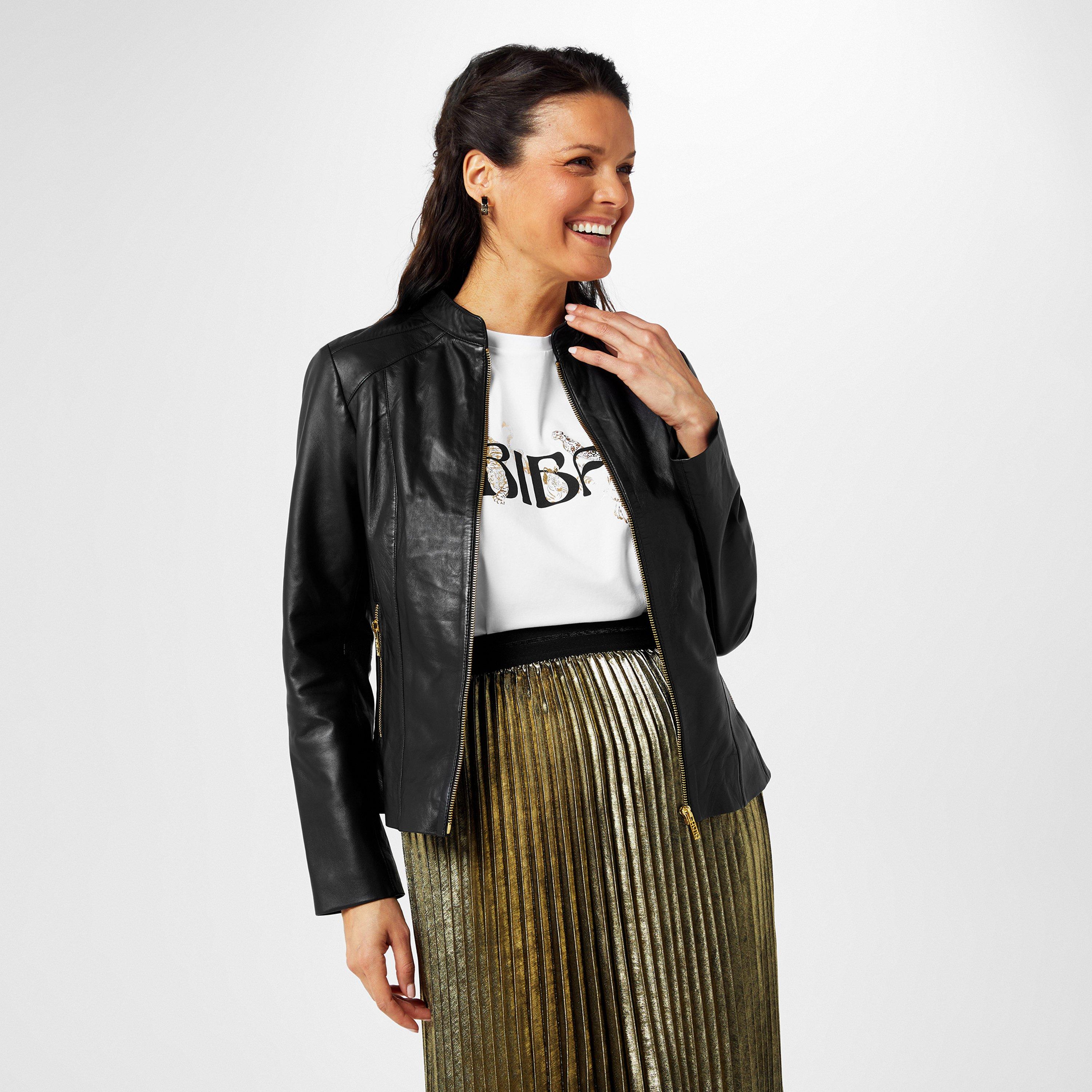 Black - Biba - Women's Neru Collar Leather Long Sleeve Leather Jacket - 1