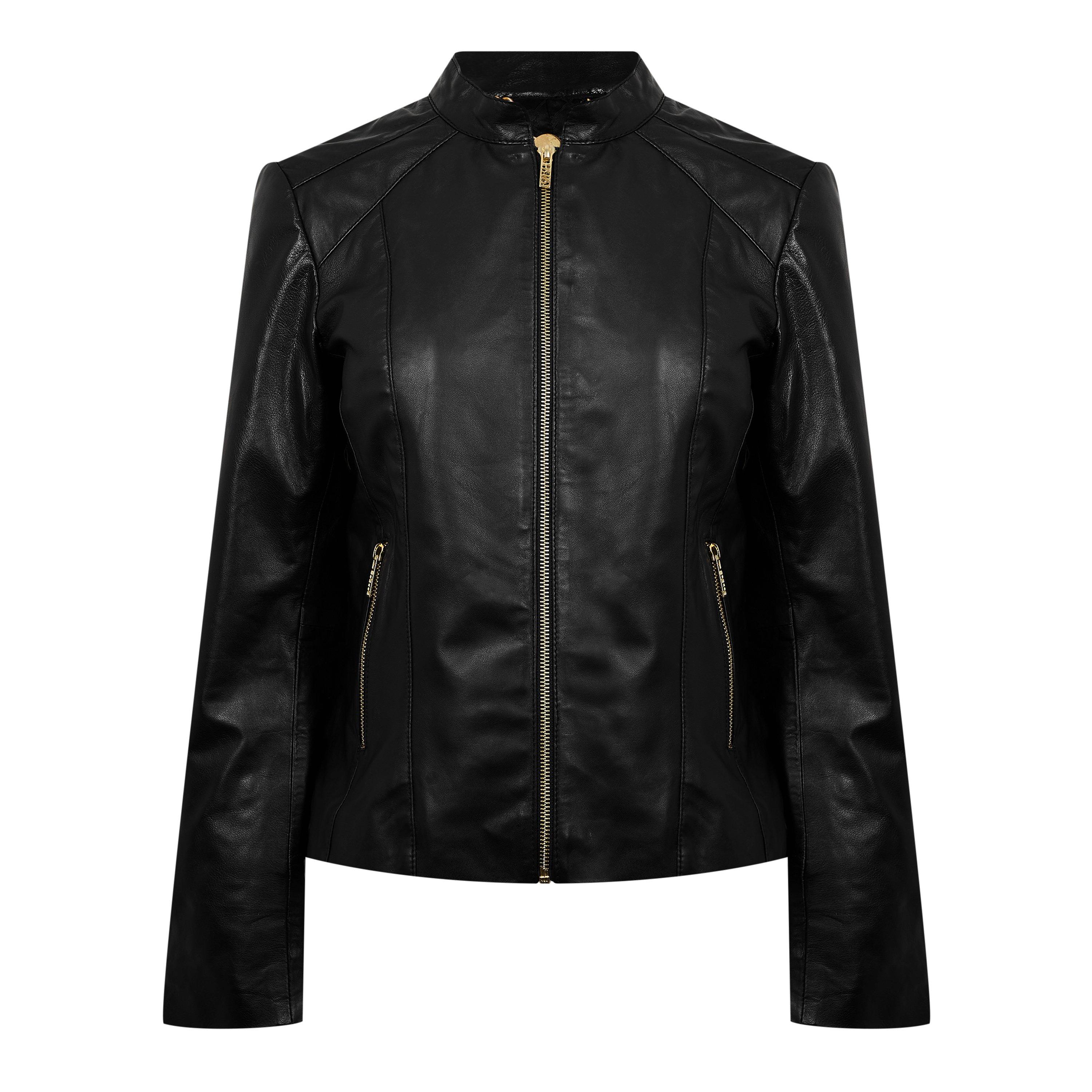 Schwarz - Biba - Women's Neru Collar Leather Long Sleeve Leather Jacket - 5