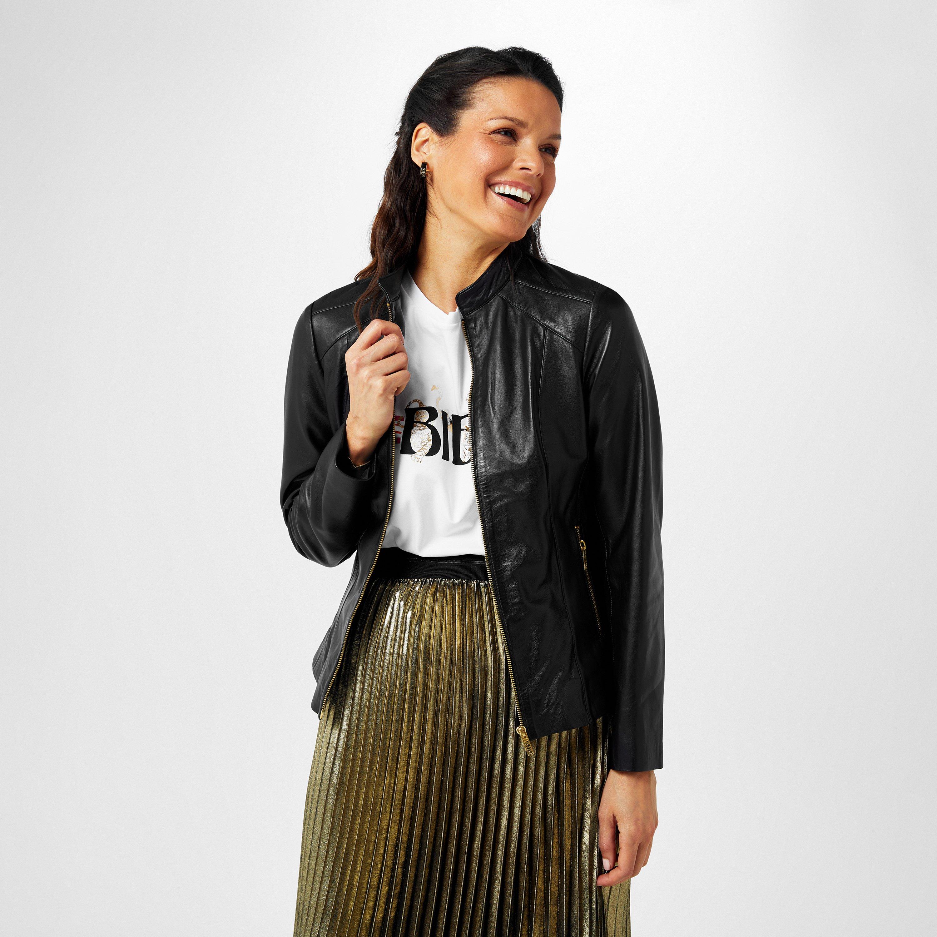 Schwarz - Biba - Women's Neru Collar Leather Long Sleeve Leather Jacket - 3