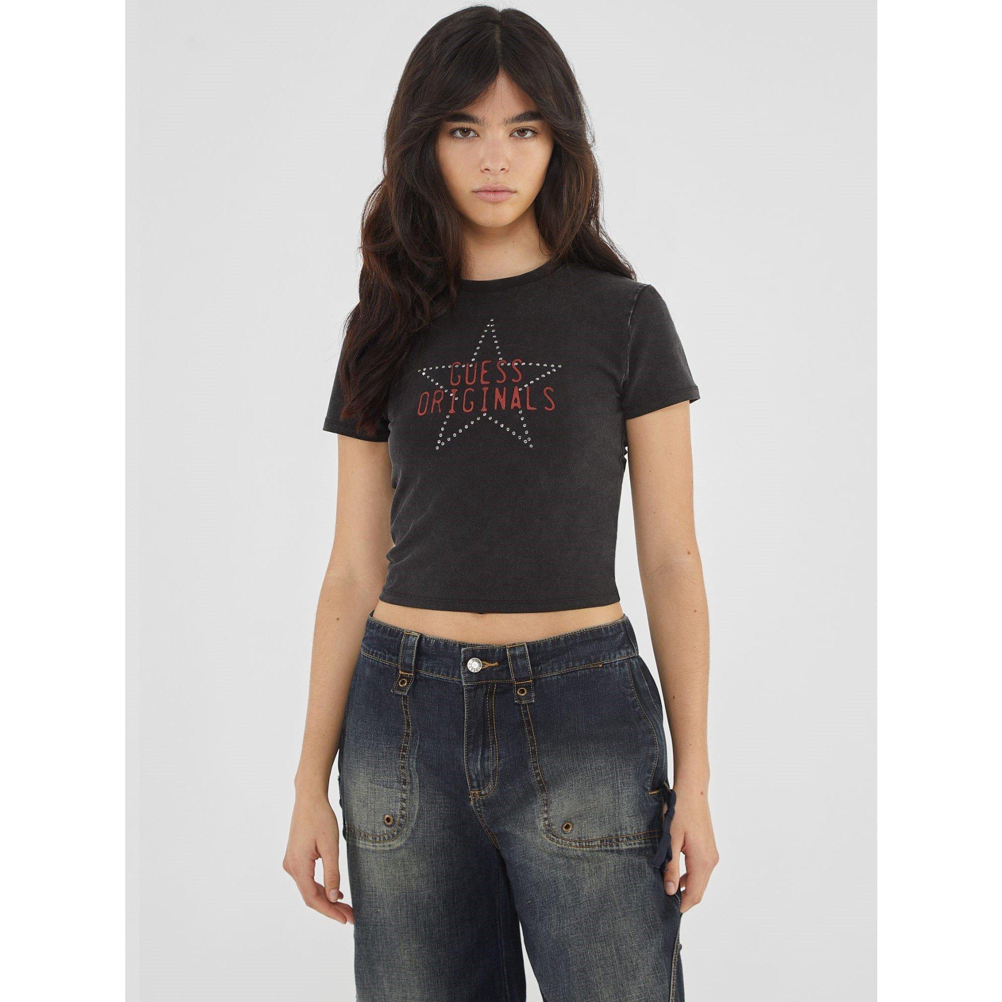 Jet Black Mlt - Guess - Women's Front Print and Studs Crop Top - 1