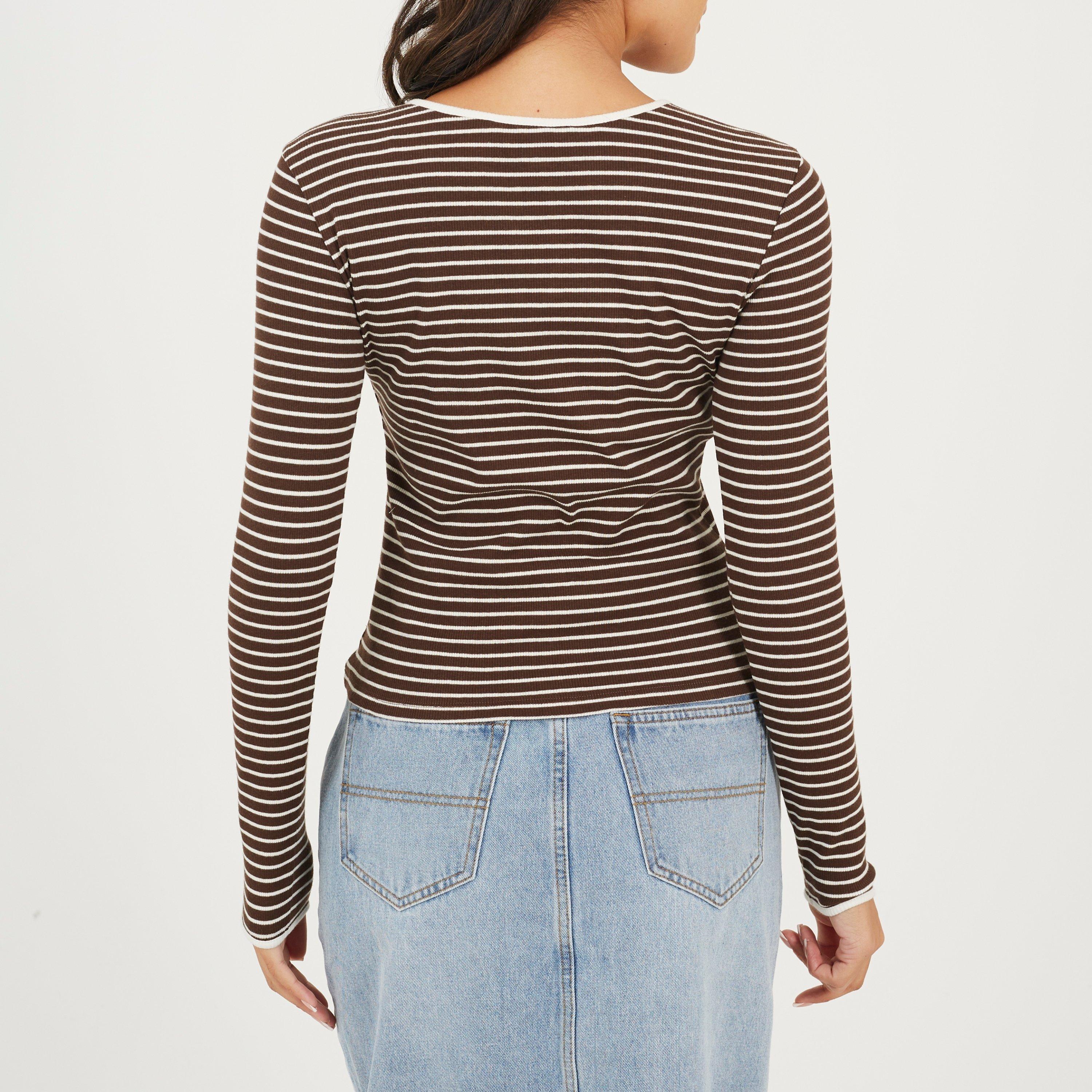 Schokolade/Creme - Brave Soul - Brave Soul Ladies Ribbed Long Sleeve Striped Top - 2