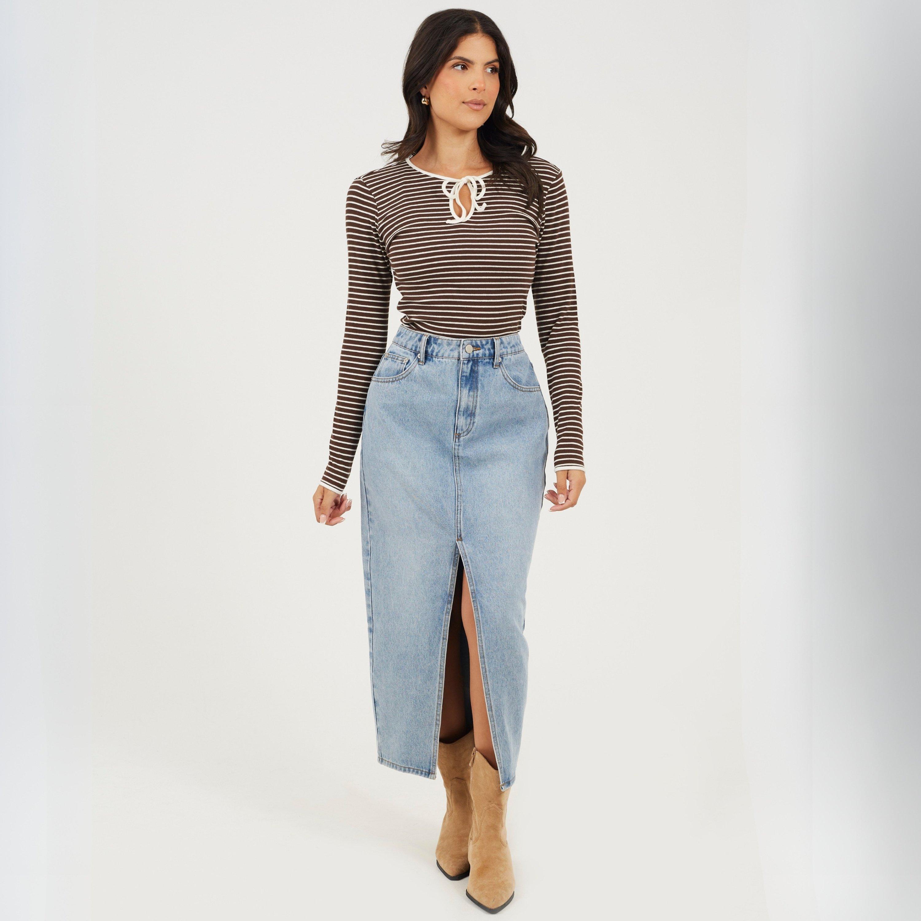 Schokolade/Creme - Brave Soul - Brave Soul Ladies Ribbed Long Sleeve Striped Top - 4