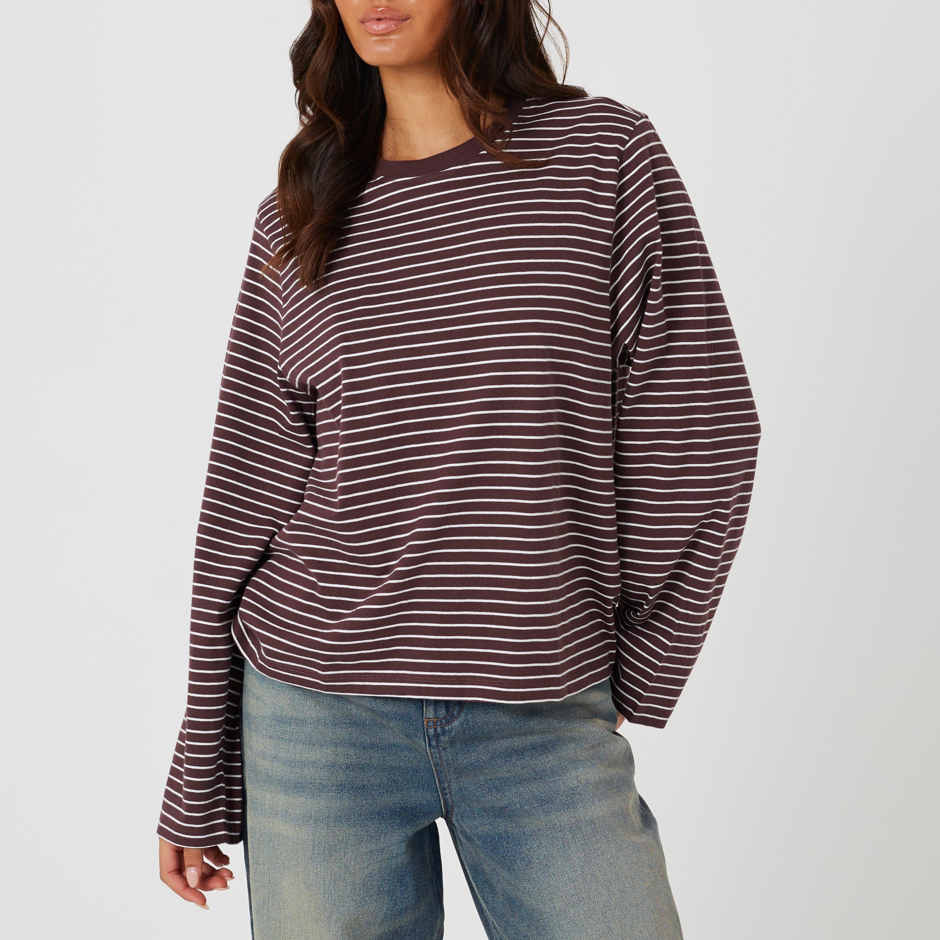 Wine/Cream - Brave Soul - Brave Soul Ladies Yarn Dye Stripe Long Sleeve Top - 1