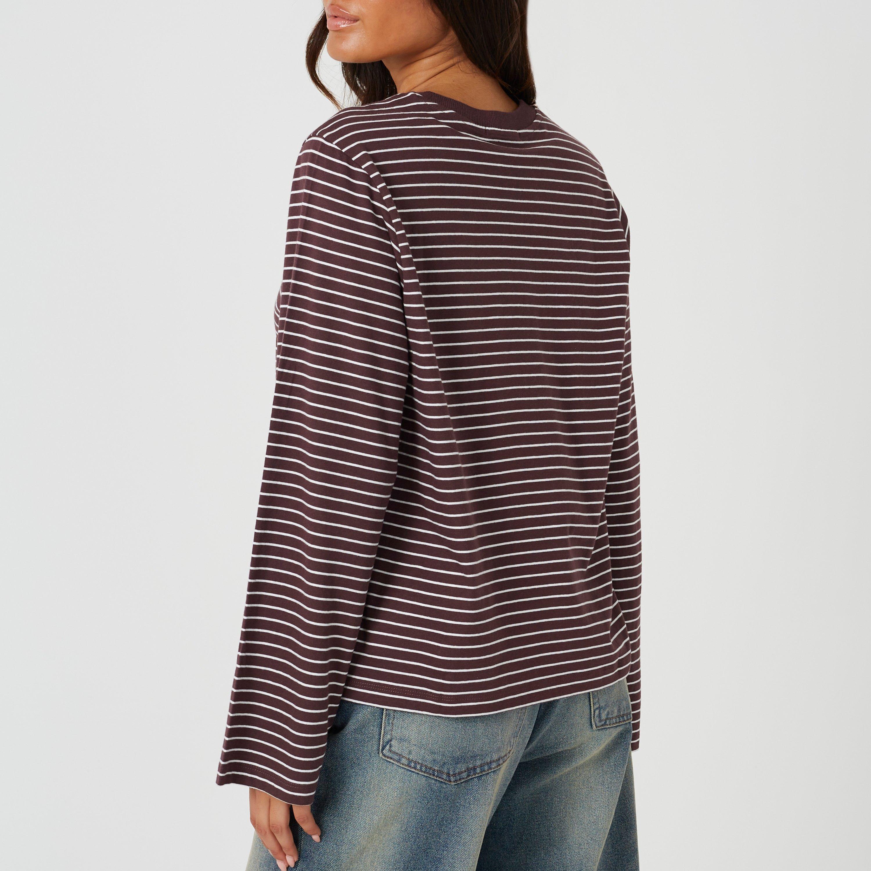 Wine/Cream - Brave Soul - Brave Soul Ladies Yarn Dye Stripe Long Sleeve Top - 2