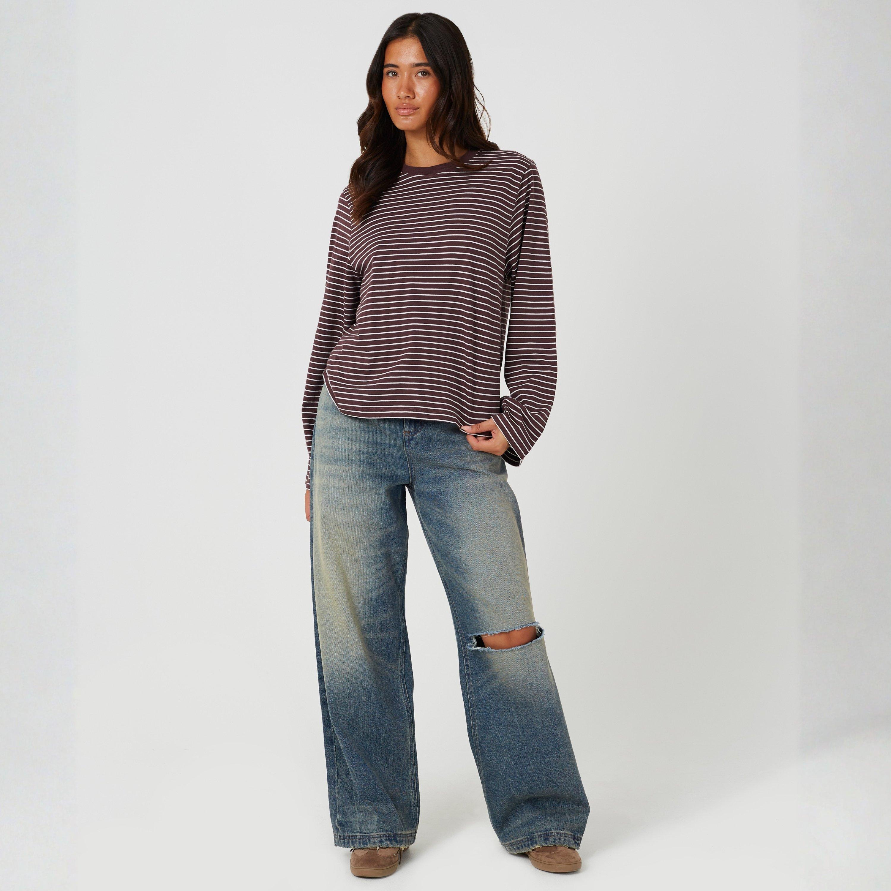 Wine/Cream - Brave Soul - Brave Soul Ladies Yarn Dye Stripe Long Sleeve Top - 4