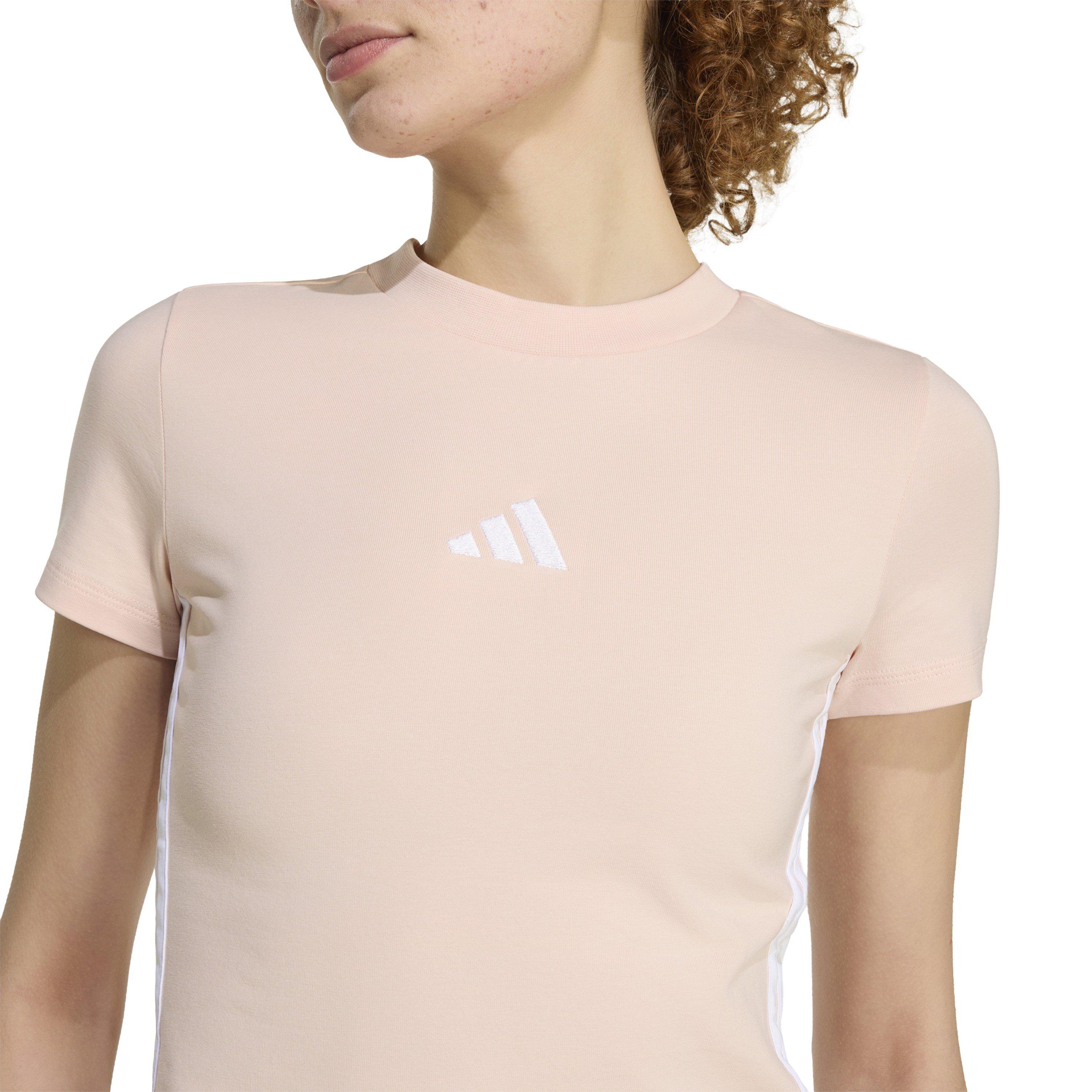 Blush Pink/Wht - adidas - Essentials 3-Stripes Womens Slim Baby T-Shirt - 4