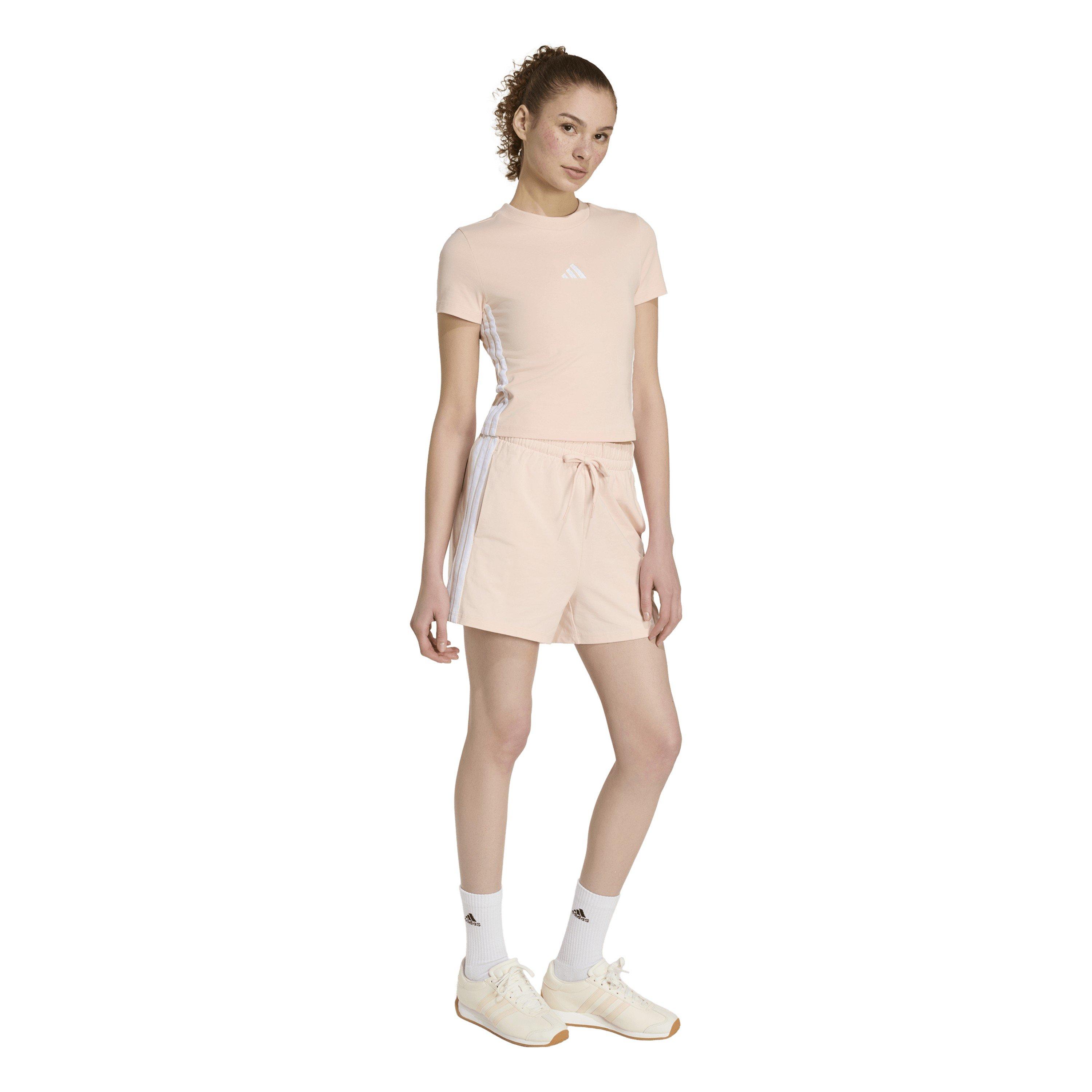 Blush Pink/Wht - adidas - Essentials 3-Stripes Womens Slim Baby T-Shirt - 6