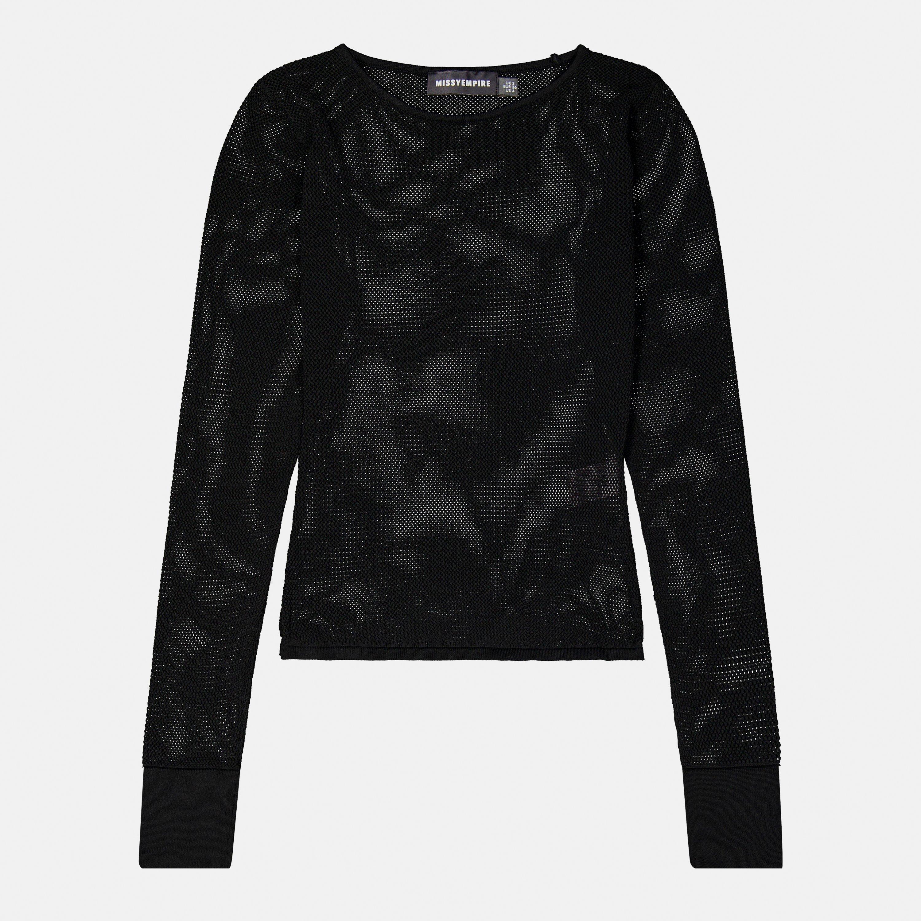 Black - Missy Empire - Sheer Knit Flare Cuff Top Womens - 1