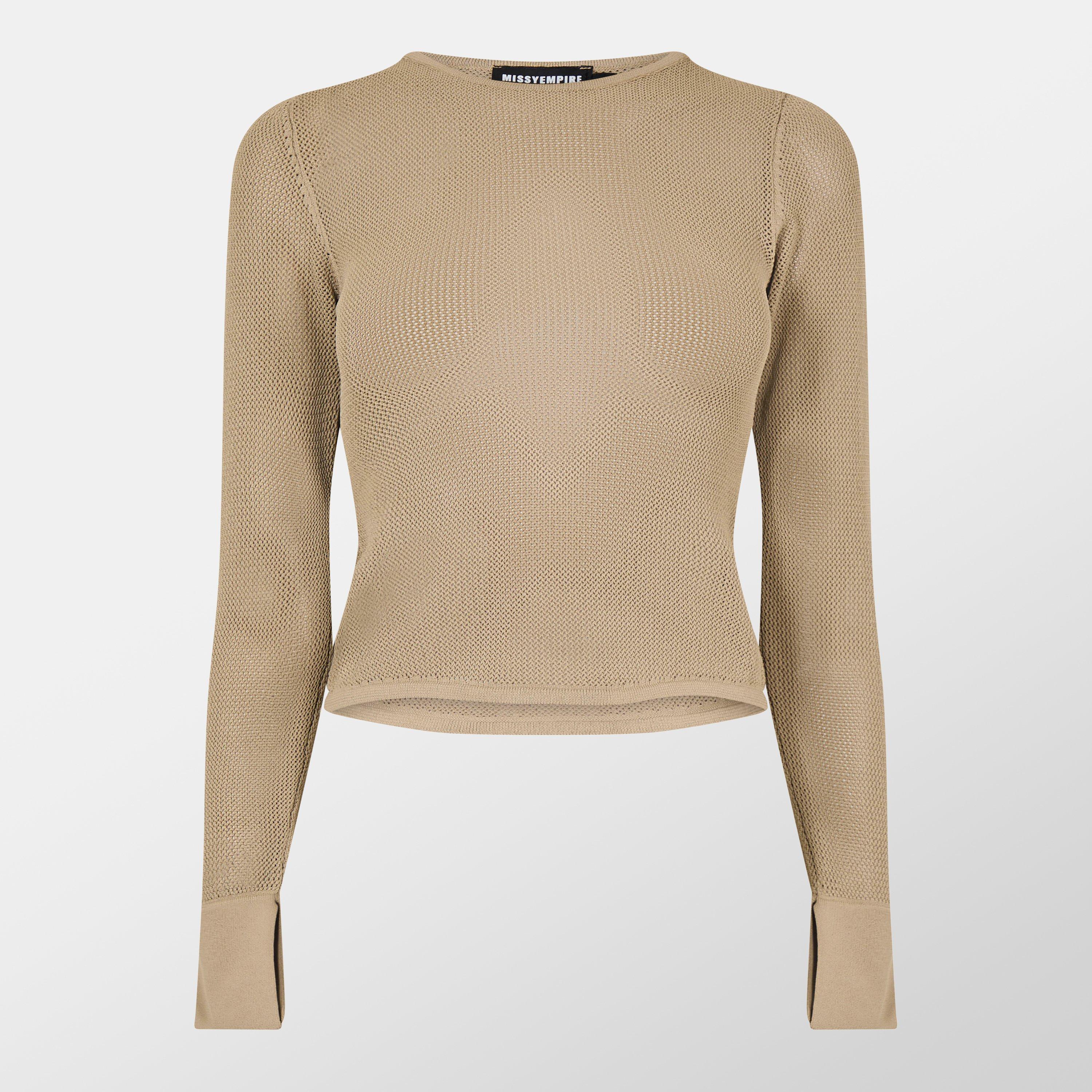 Missy Empire Women's Sheer Knit Flare Cuff Top - Tan - L