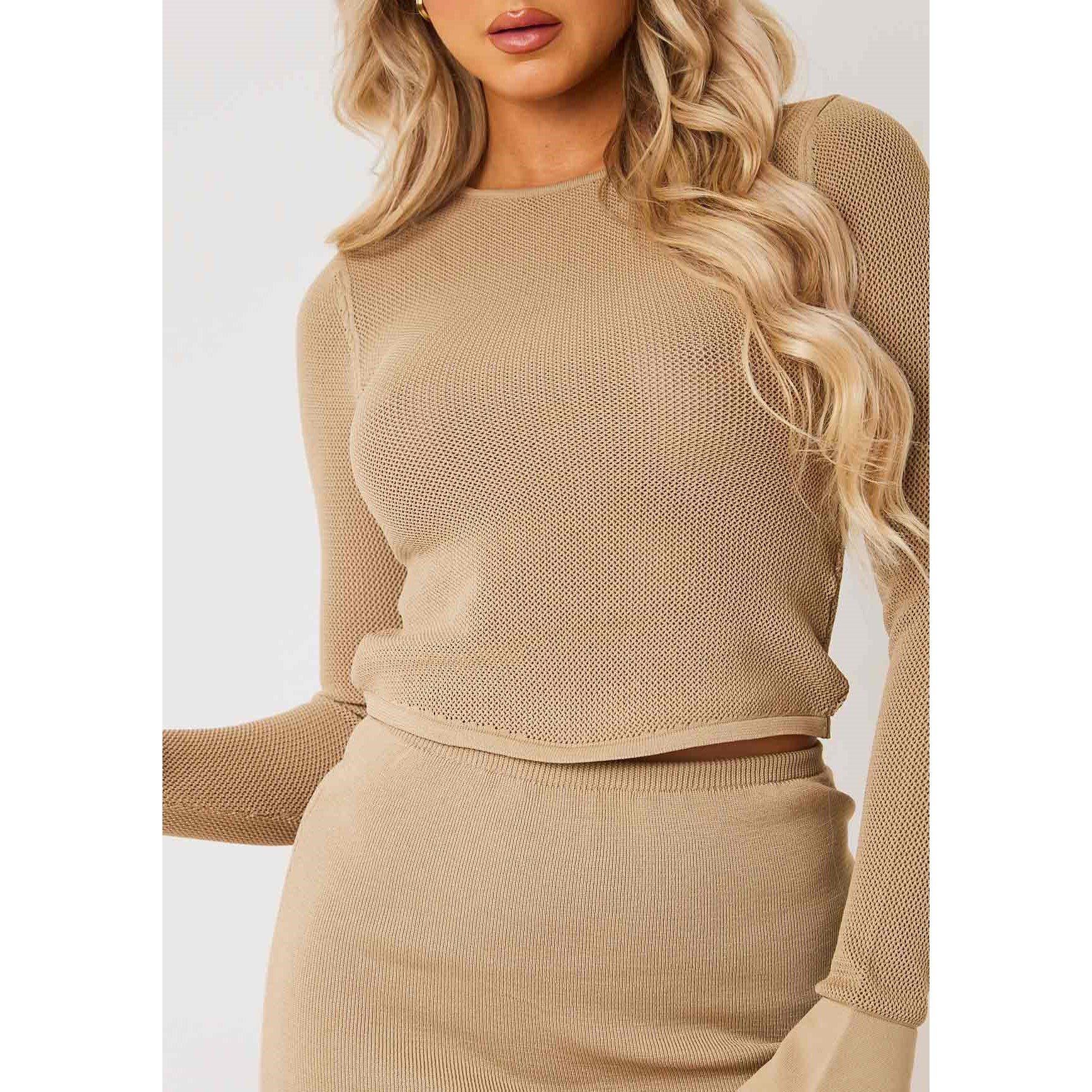 Tan - Missy Empire - Sheer Knit Flare Cuff Top Womens - 3