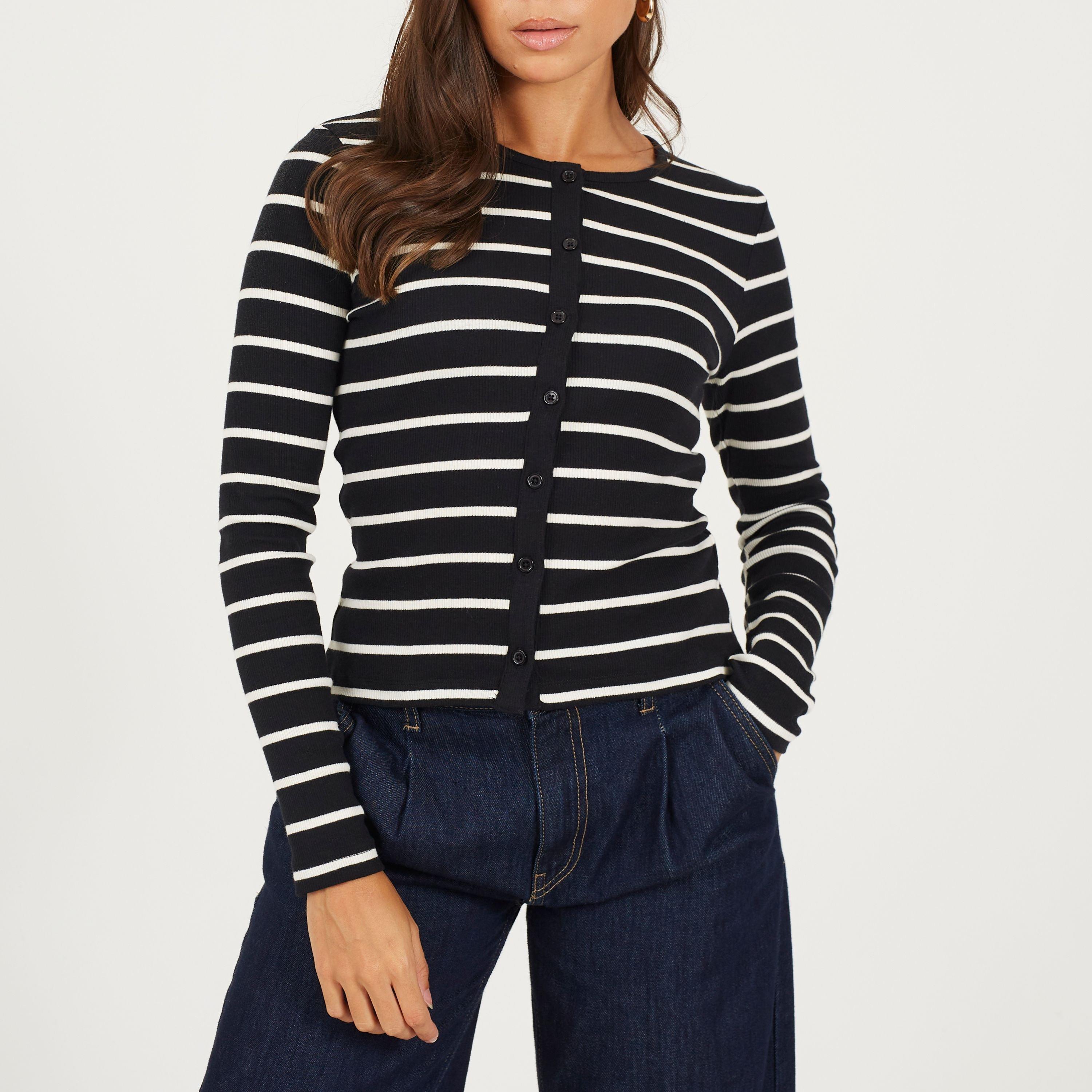 Zwart/Crème - Brave Soul - BS Womens Long Sleeve Button Down Striped Jersey Top - 1