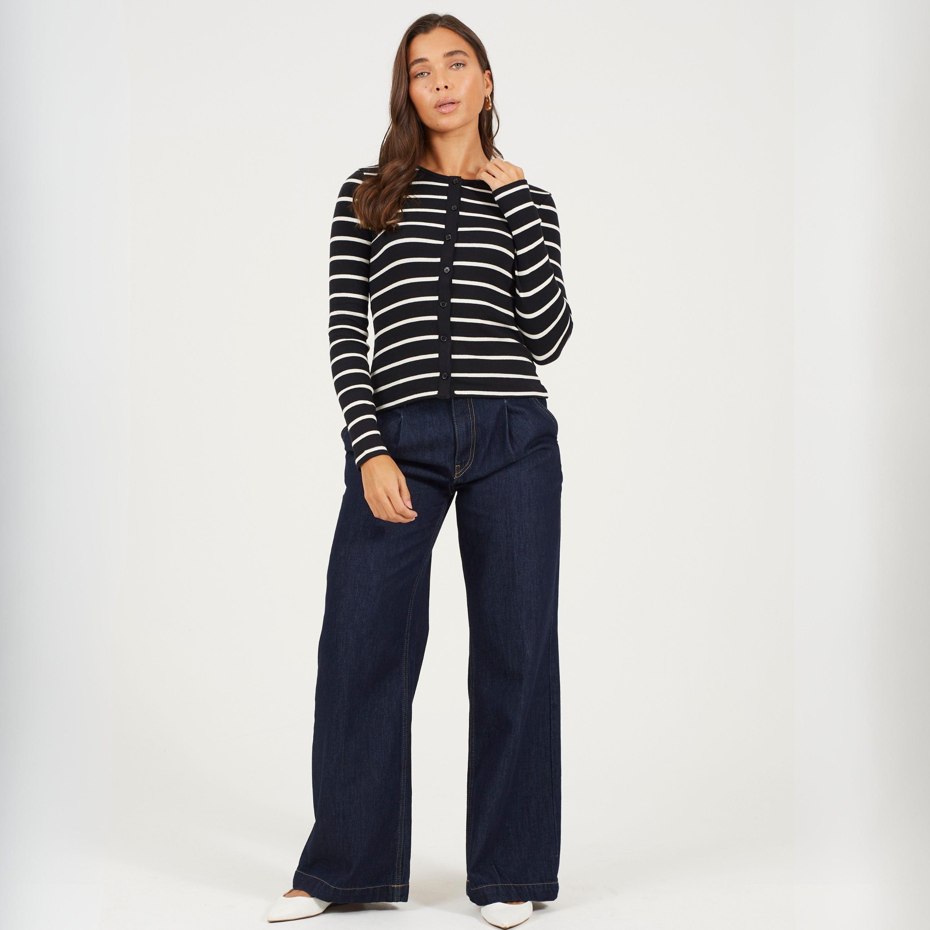 Zwart/Crème - Brave Soul - BS Womens Long Sleeve Button Down Striped Jersey Top - 4