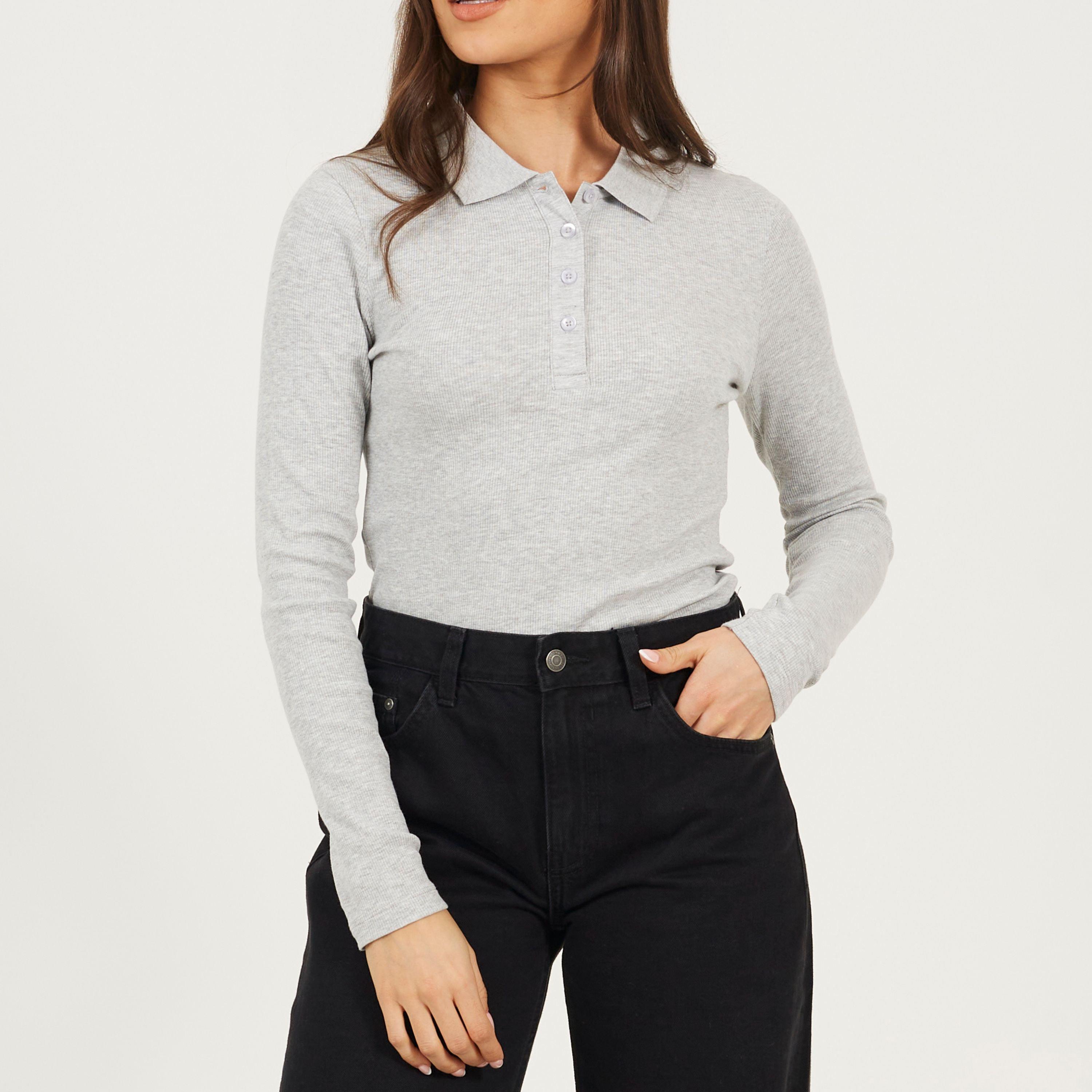 Grey Marl - Brave Soul - BS Womens Long Sleeve Ribbed Top with Collar - 1