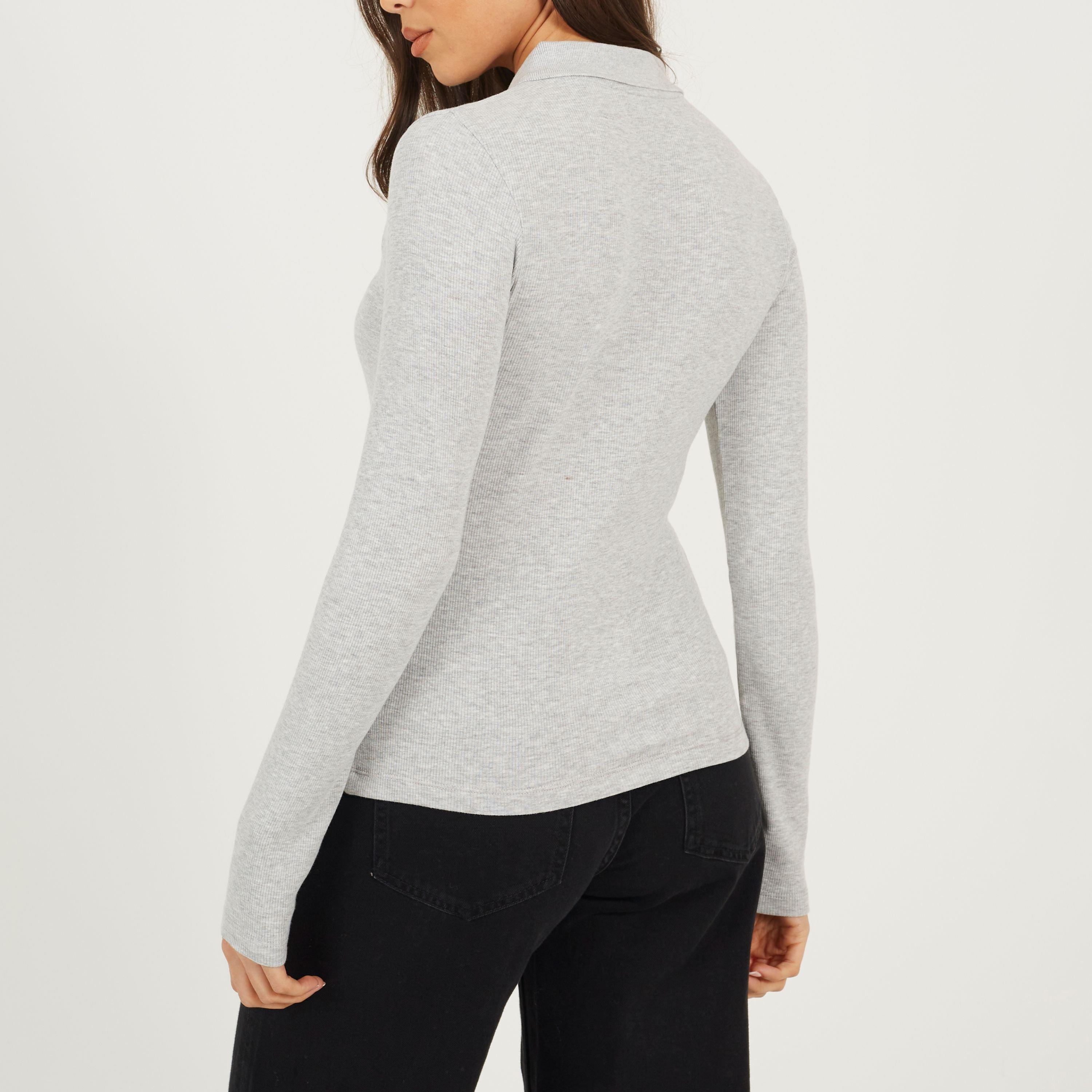 Grey Marl - Brave Soul - BS Womens Long Sleeve Ribbed Top with Collar - 2