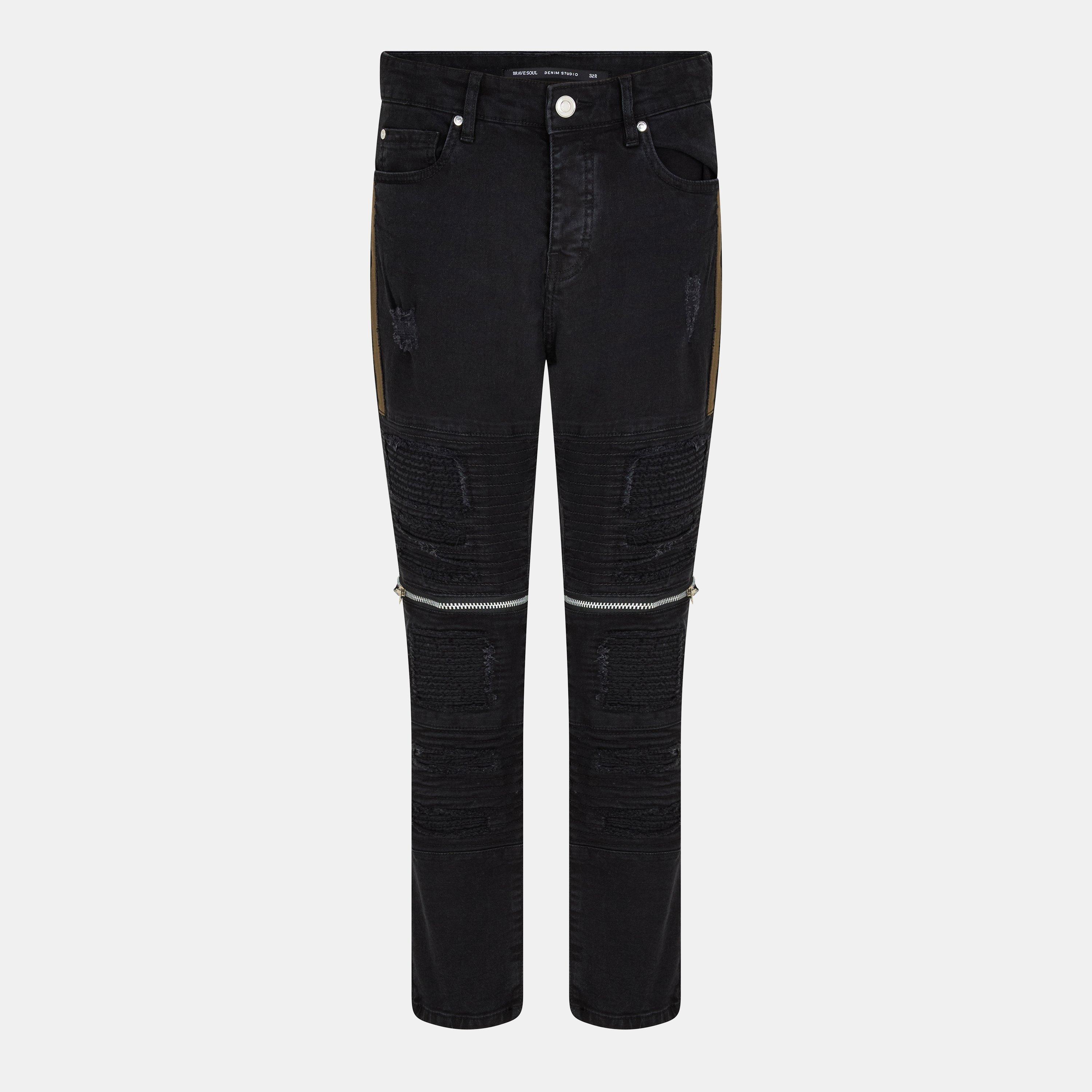 Mens Charcoal Wash Bike Jean with Multi Stitch Detail and Zips