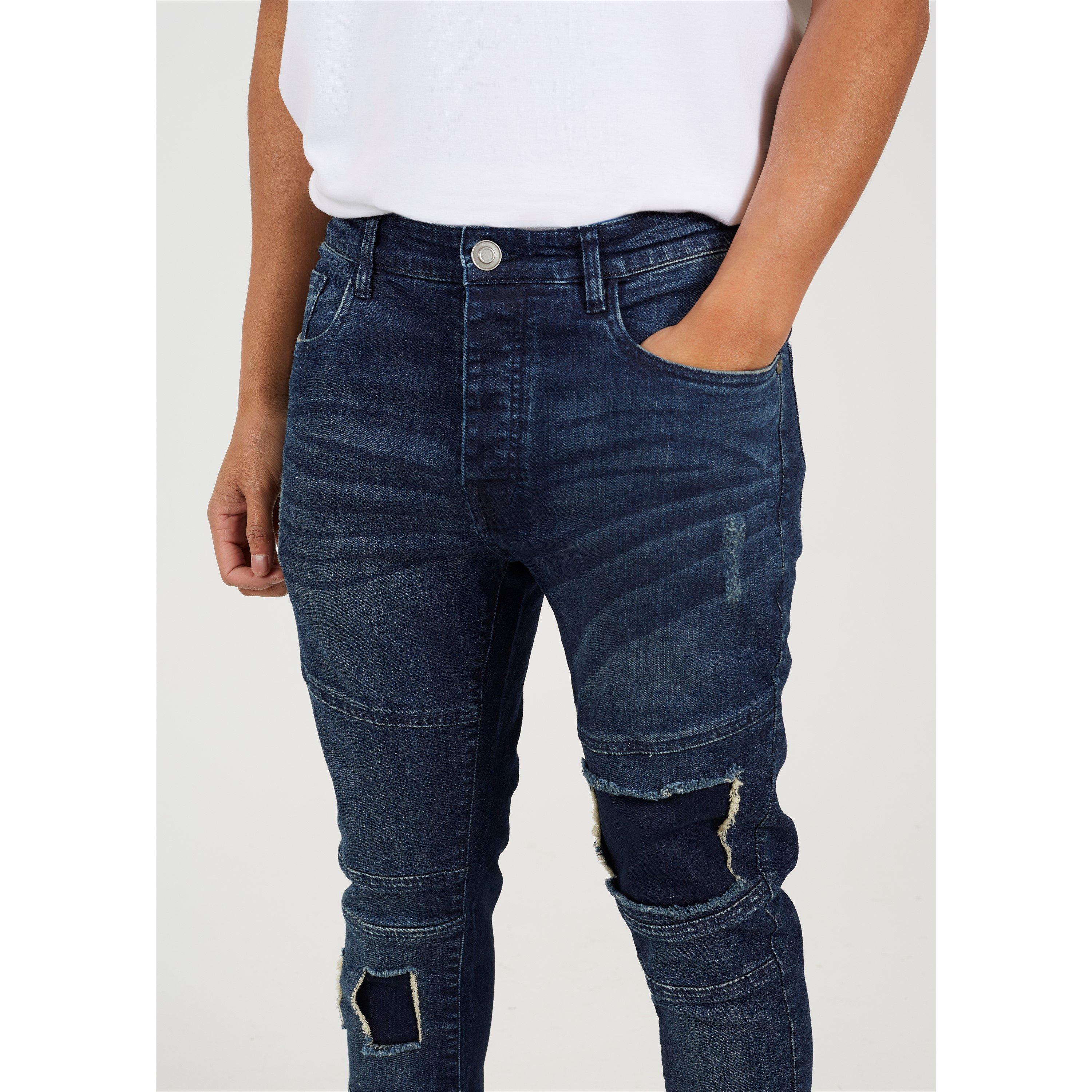 Brave Ripoff Brave Soul Mens Dark Blue Biker Jeans with Rip & Repair Patch Details ...