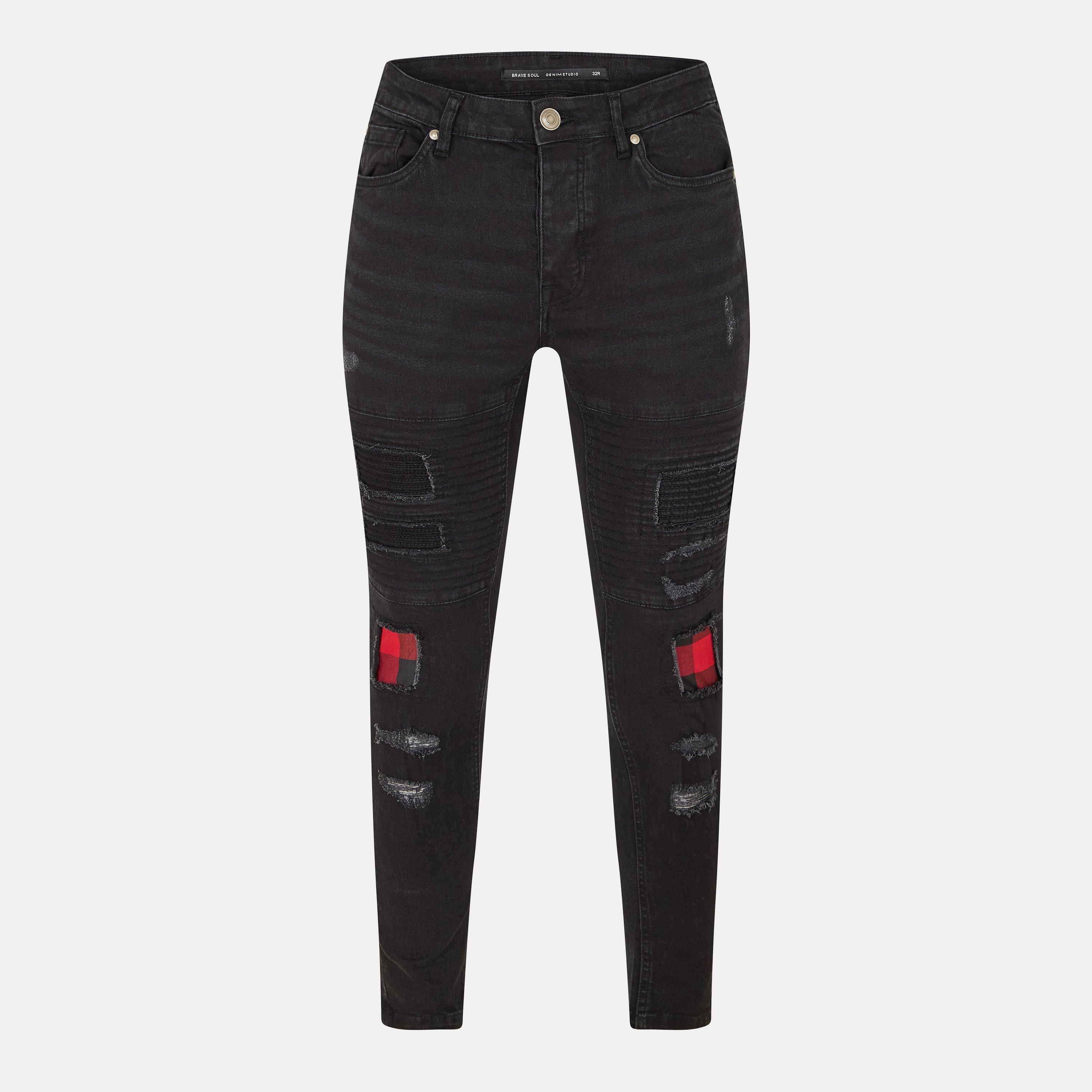 Charcoal Wash - Brave Soul - Mens Biker Jean with Contrast Cut Out Panels - 1