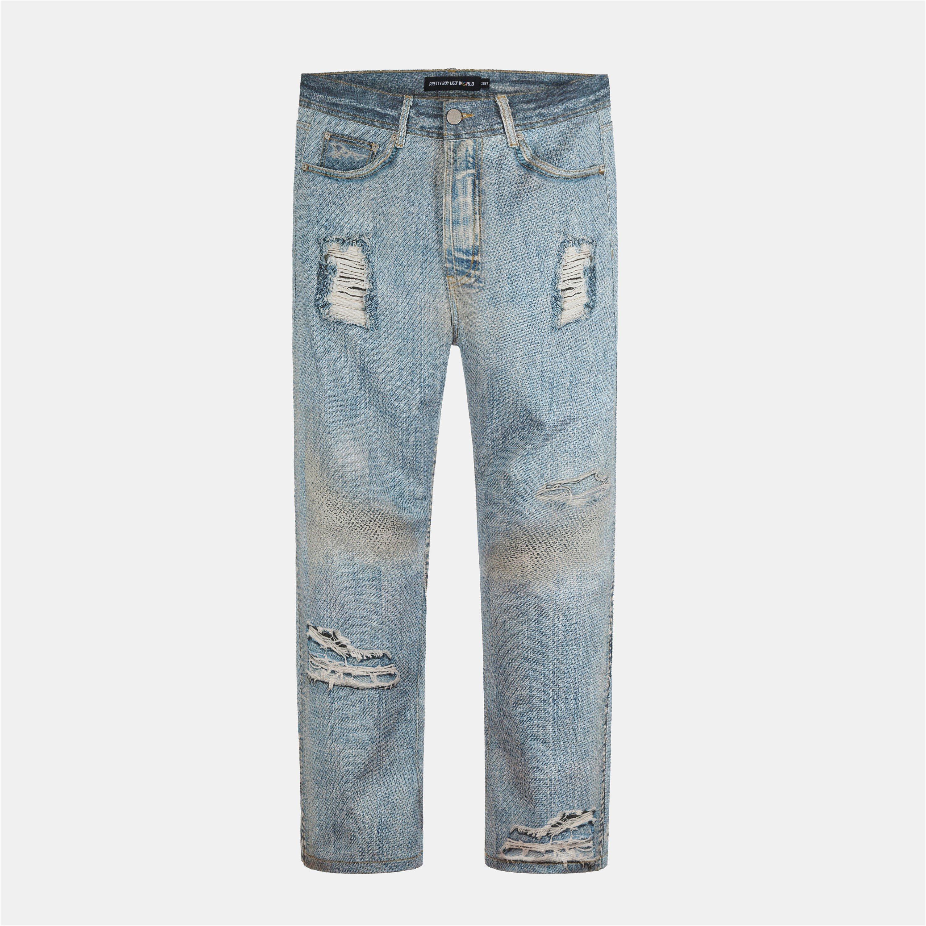 Blue - Pretty Boy Ugly World - Men's Printed Cotton Distressed Straight Leg Jeans - 1