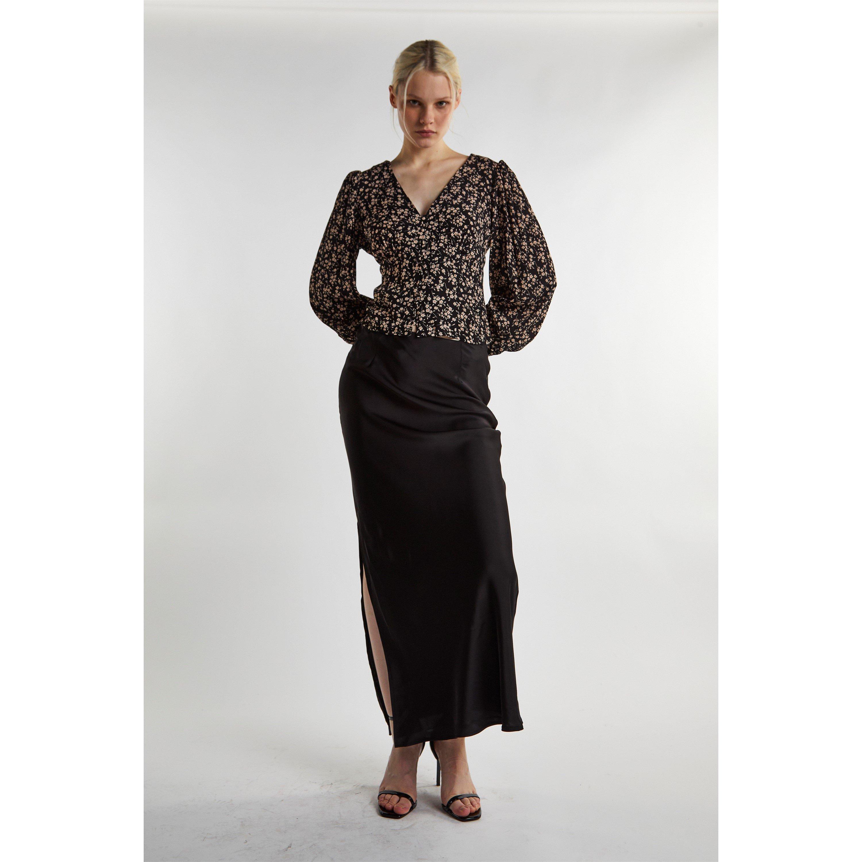 Schwarz - Glamorous - Black Ditsy Print Button Front Top - 1