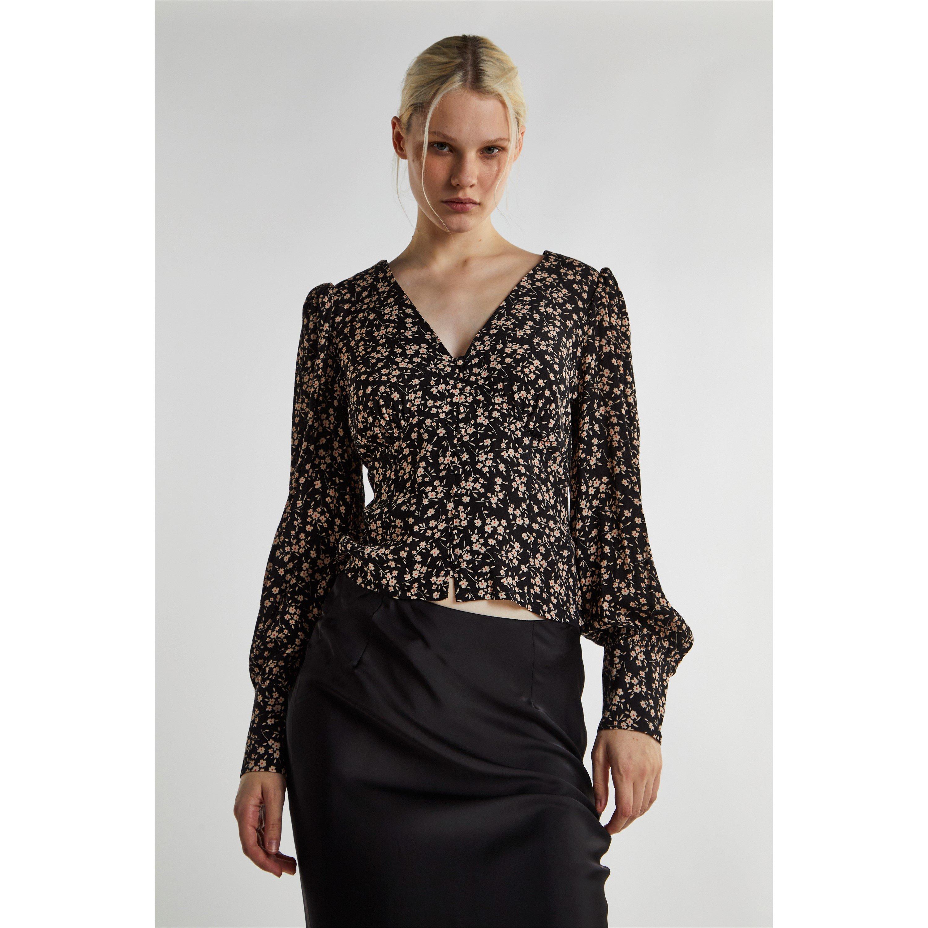 Negro - Glamorous - Black Ditsy Print Button Front Top - 2