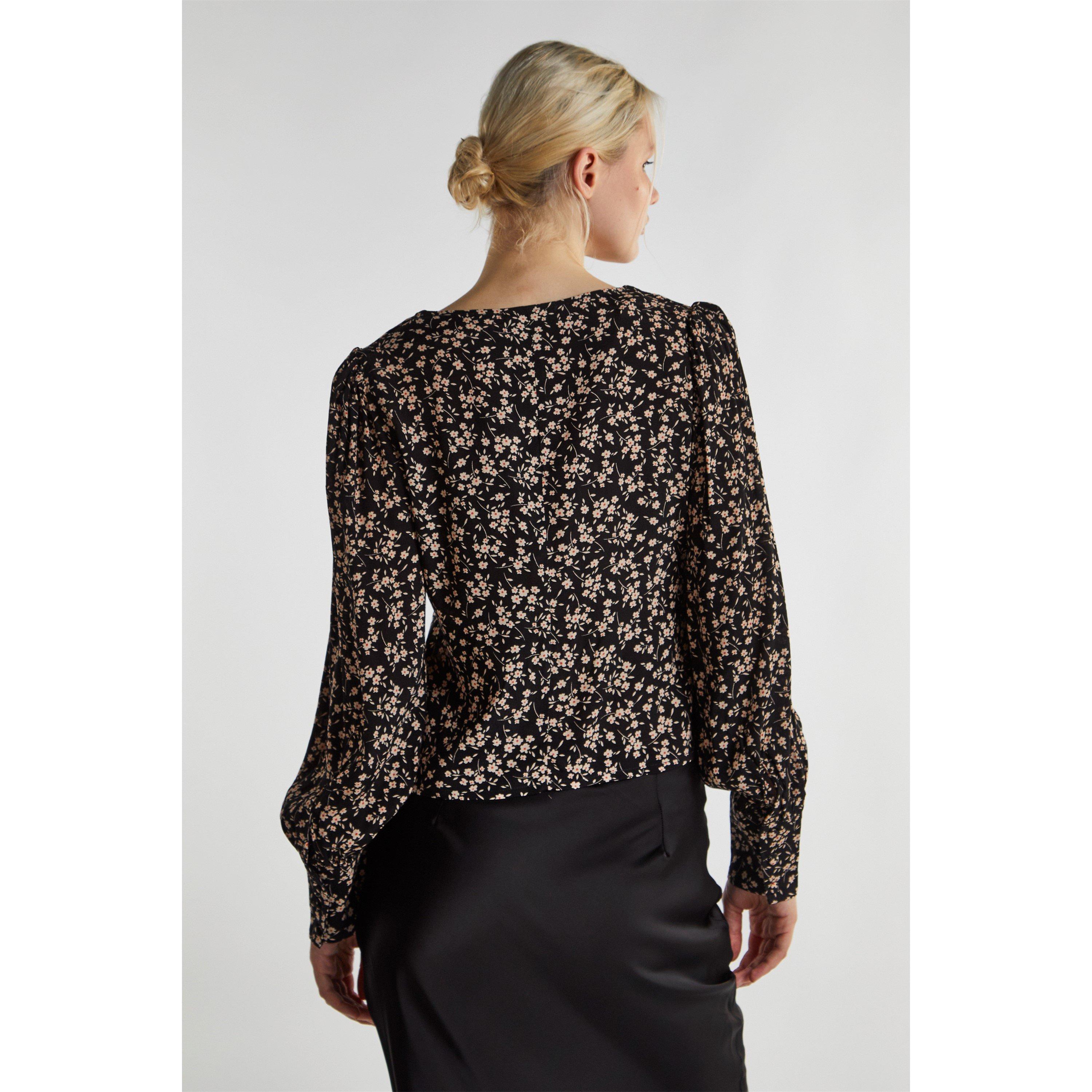 Negro - Glamorous - Black Ditsy Print Button Front Top - 3