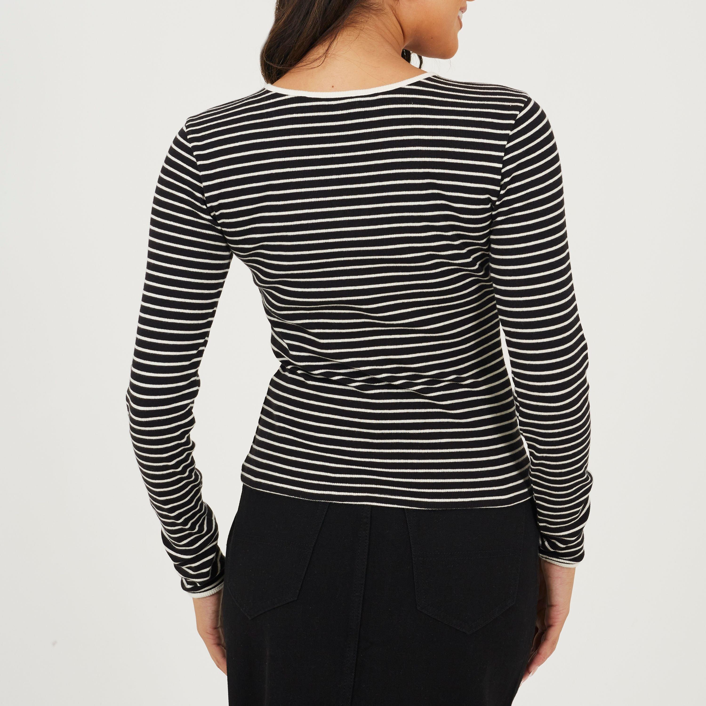 Black/Cream - Brave Soul - Womens Ribbed Long Sleeve Striped Top with Tie Detail - 2