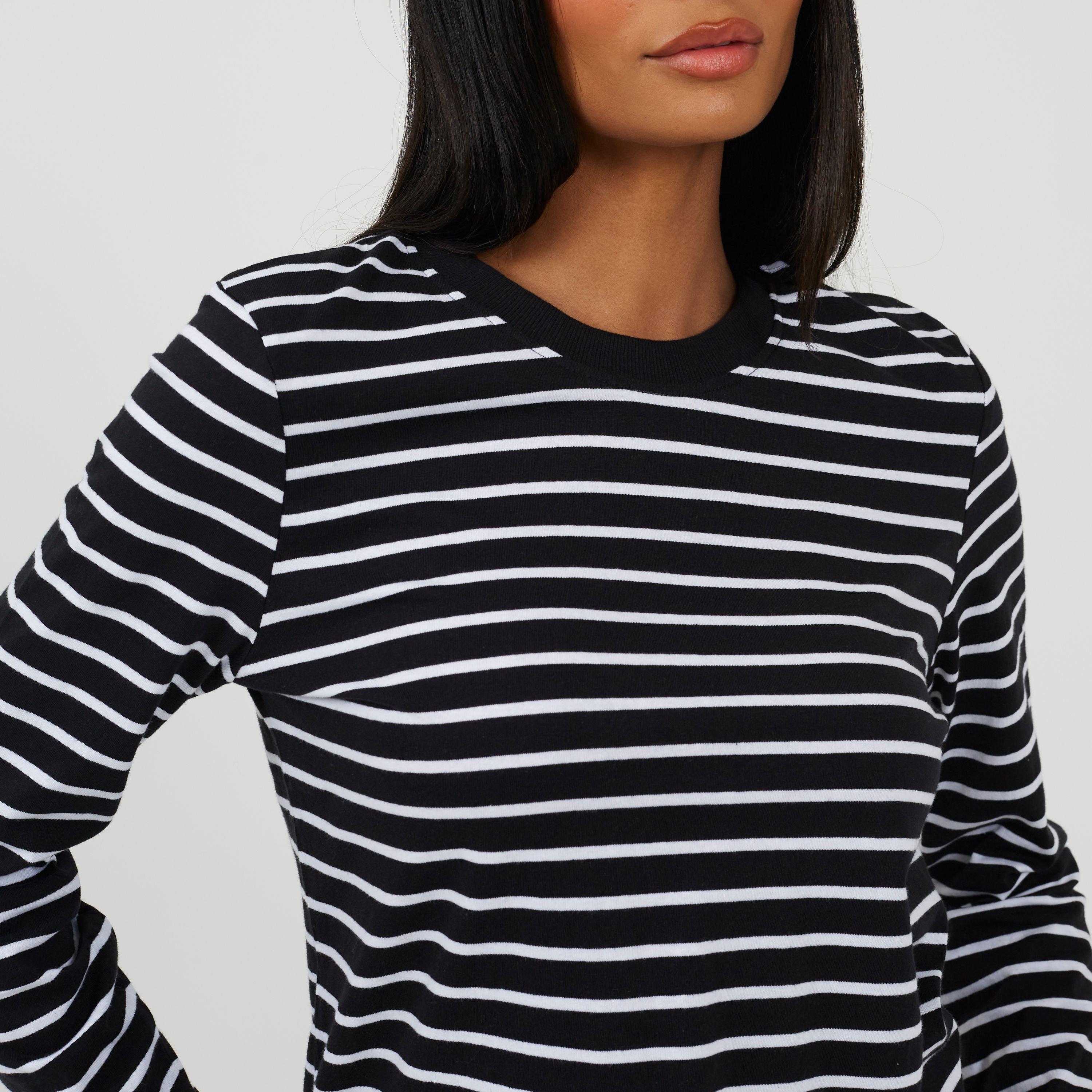 Blanc/Noir - Brave Soul - Womens Striped Long Sleeve T-Shirt with Contrast Collar - 3