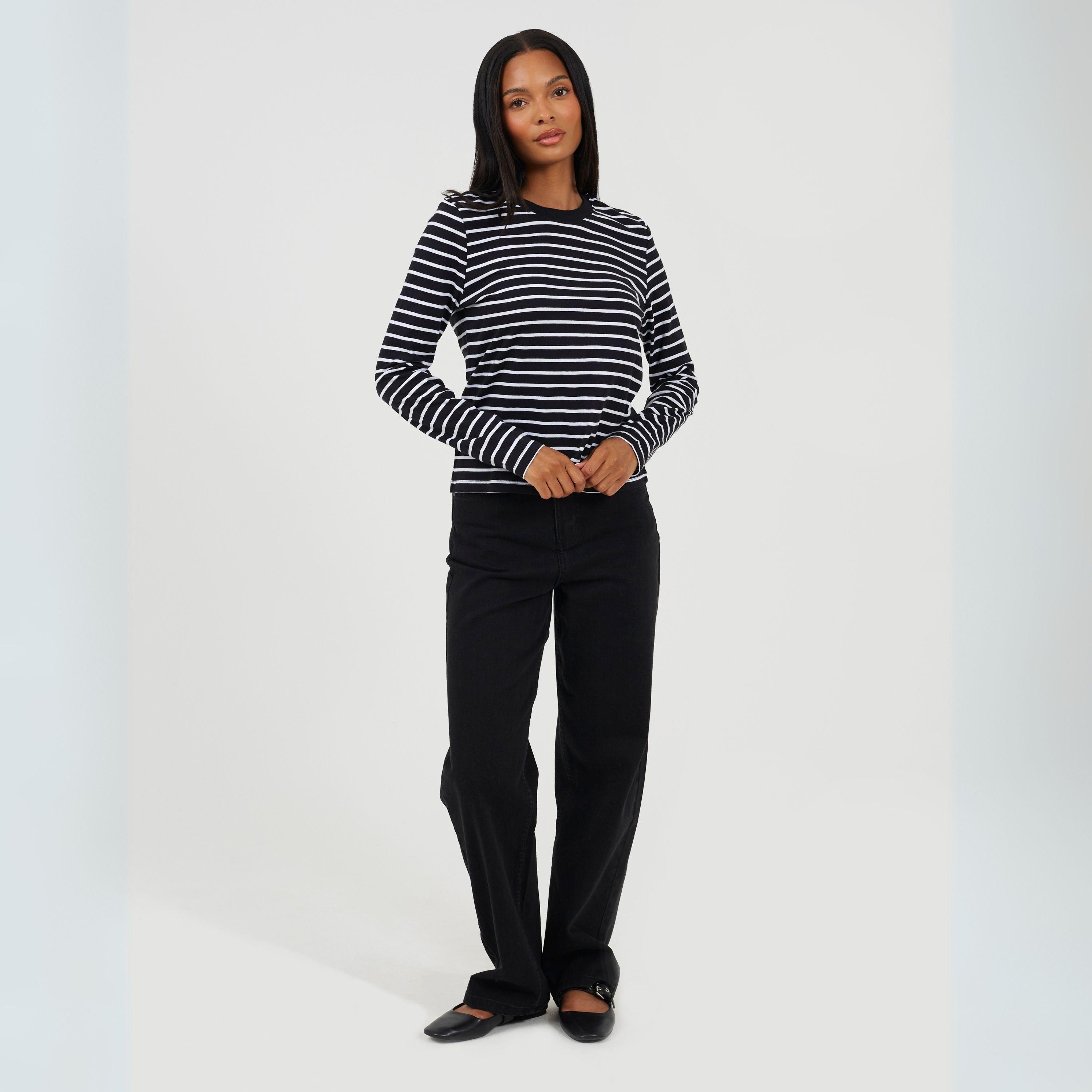 Blanc/Noir - Brave Soul - Womens Striped Long Sleeve T-Shirt with Contrast Collar - 4