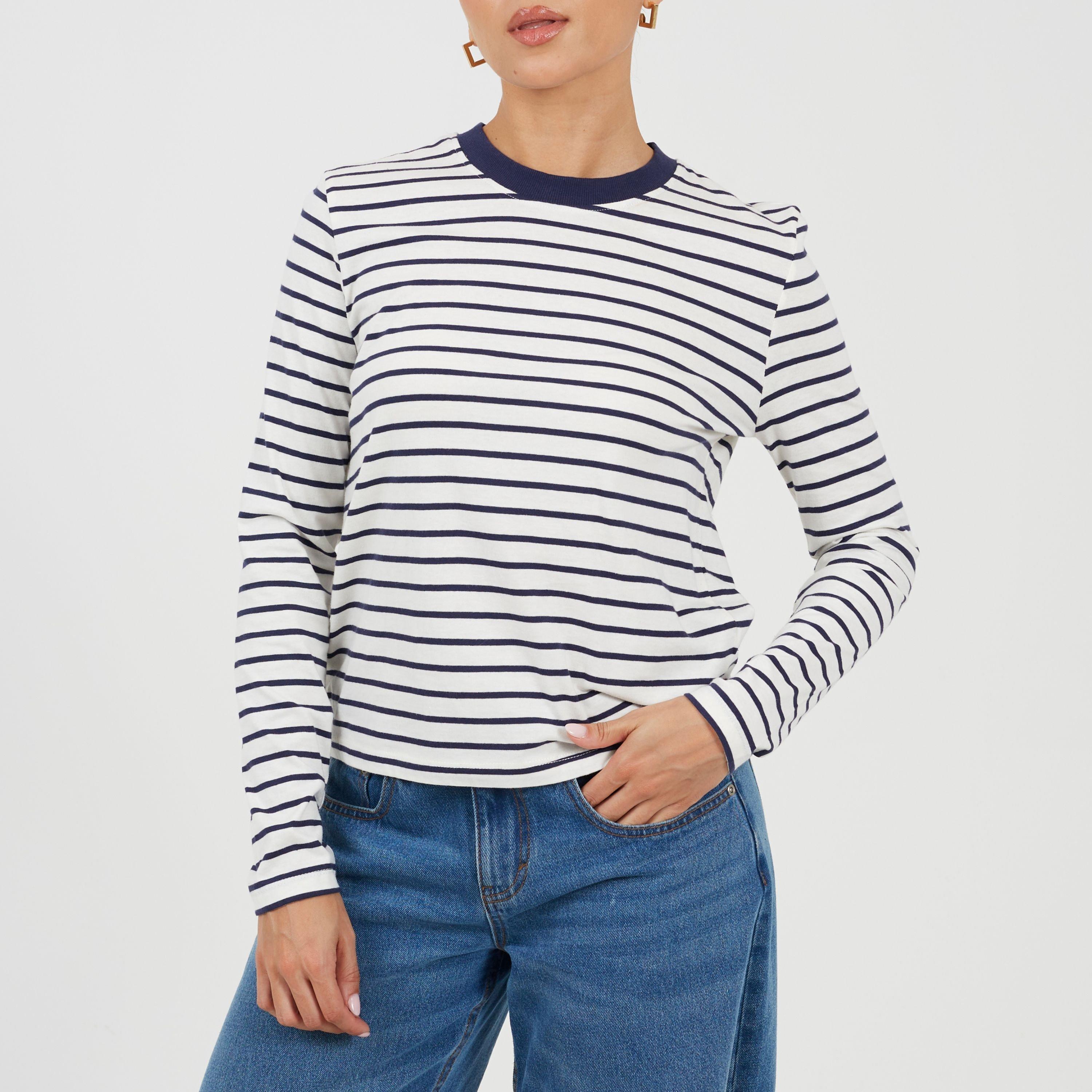 Navy/Cream - Brave Soul - Womens Striped Long Sleeve T-Shirt with Contrast Collar - 1