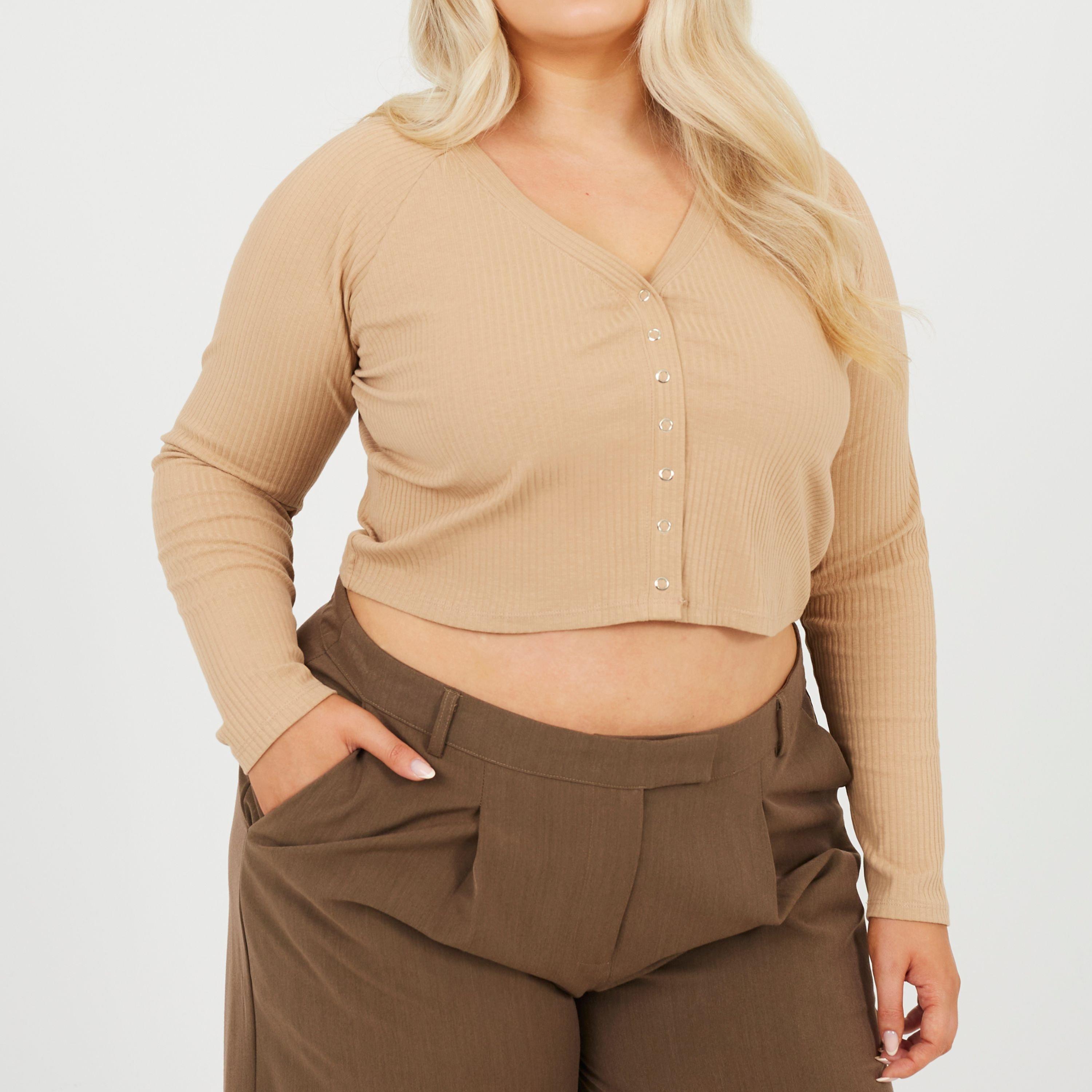 Brave Soul Women's Plus Size Long Sleeve Top With Popper Fastening - Taupe - 22 (4XL)