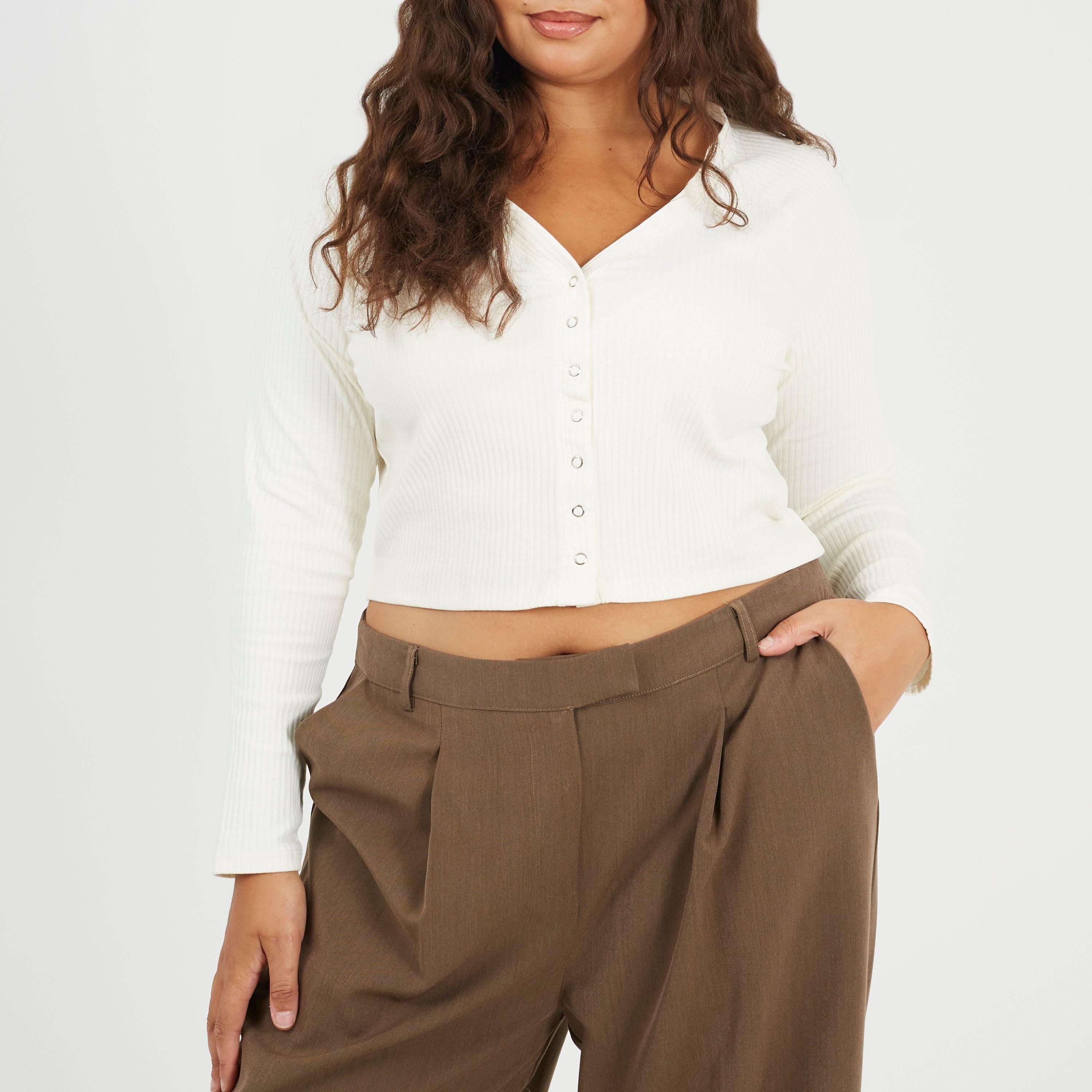 Brave Soul Women's Plus Size Long Sleeve Top With Popper Fastening - Cream - 22 (4XL)