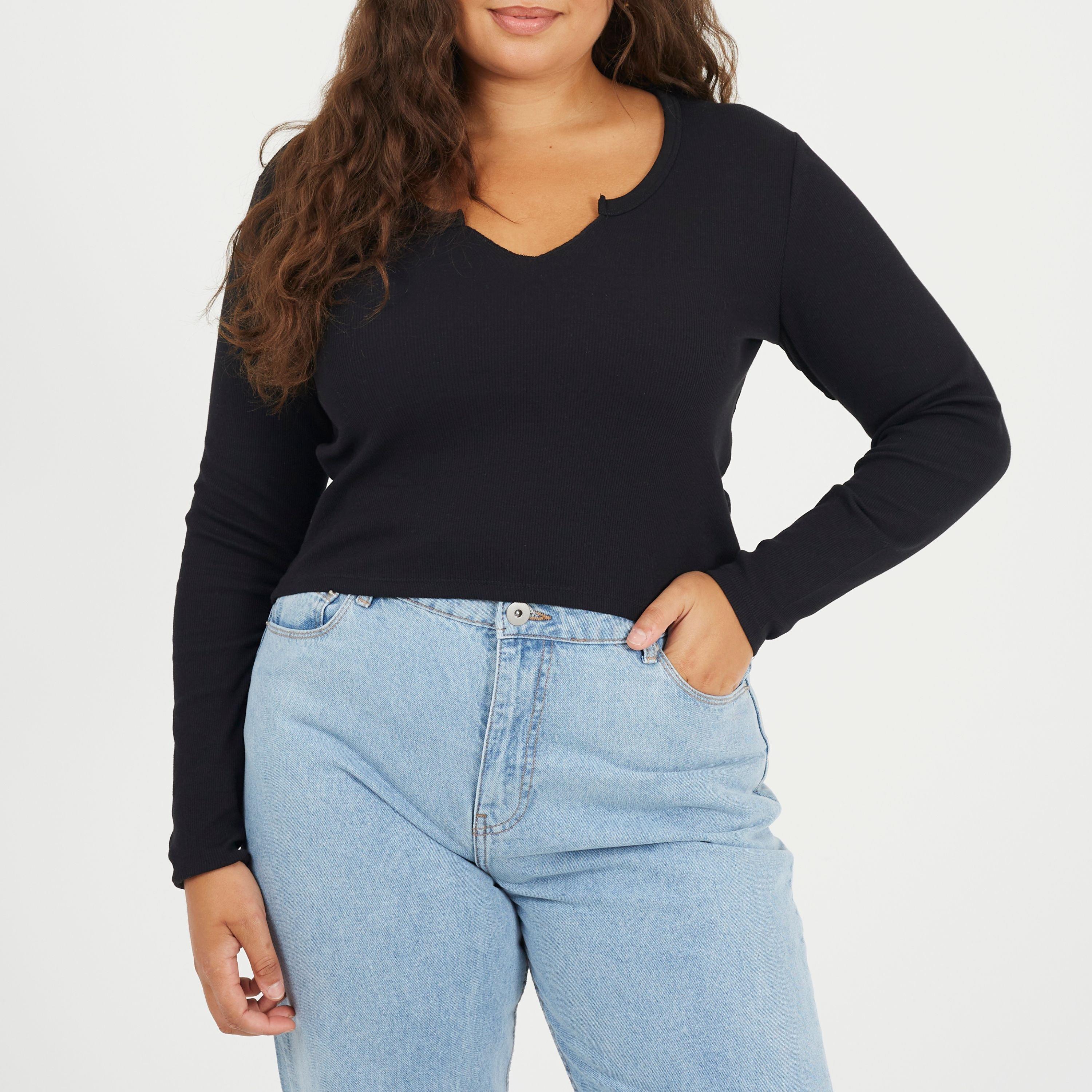 Black - Brave Soul - Womens Plus Size V-neck Long Sleeve Top with Slit Detail - 1