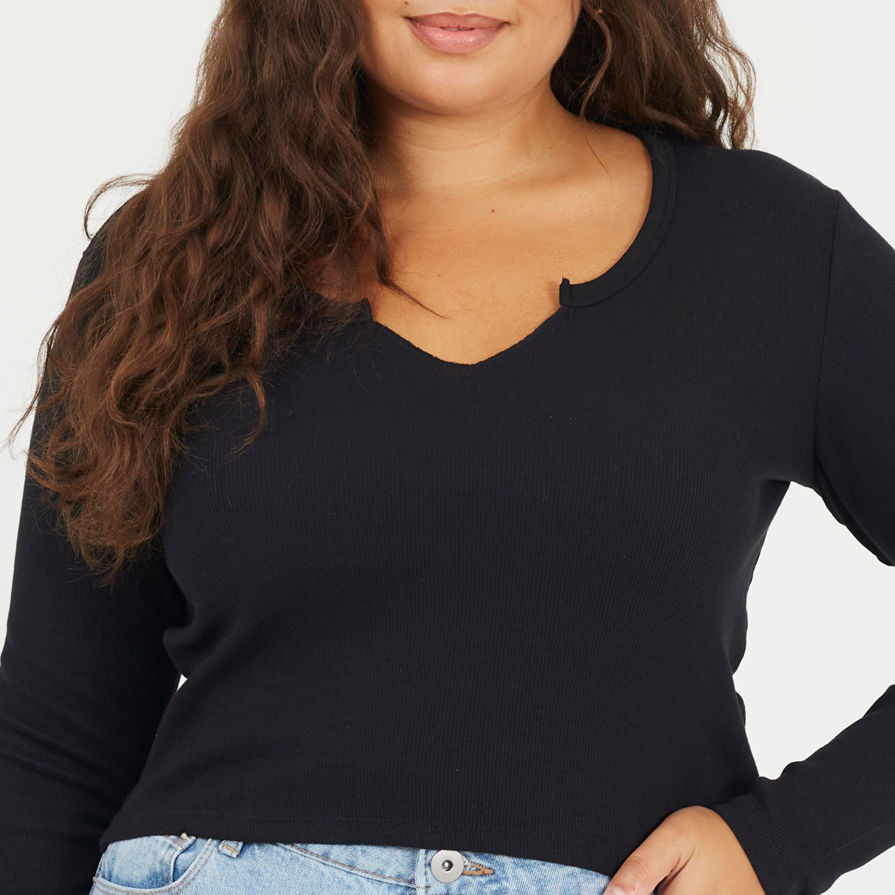 Black - Brave Soul - Womens Plus Size V-neck Long Sleeve Top with Slit Detail - 3